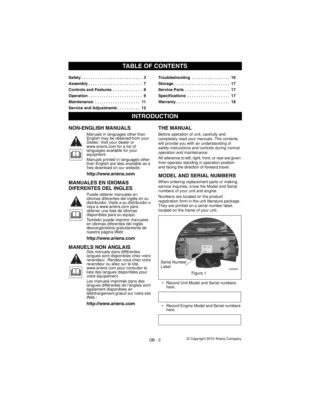 Ariens 946152 manual Table of Contents, Introduction 