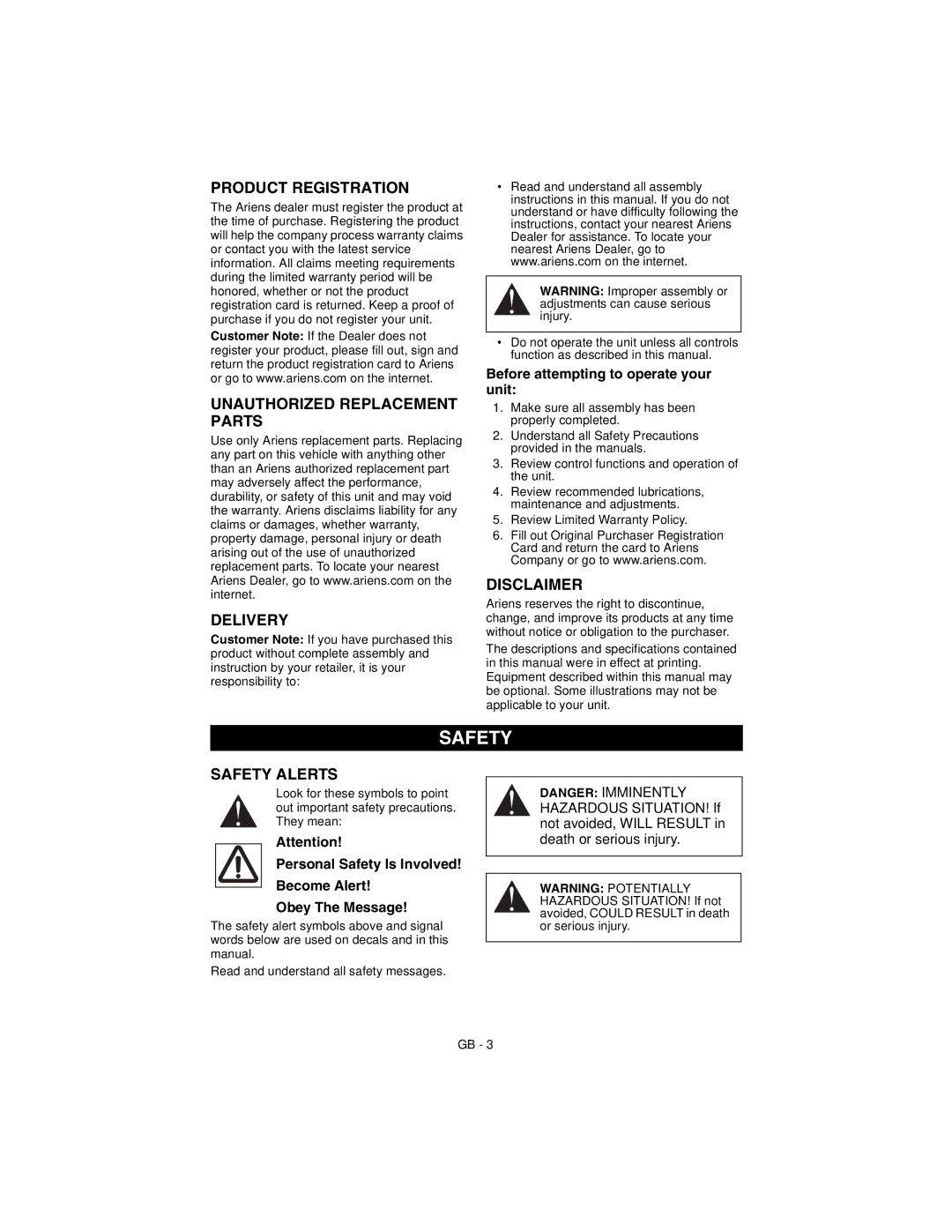 Ariens 946152 manual Product Registration, Unauthorized Replacement Parts Delivery, Disclaimer, Safety Alerts 