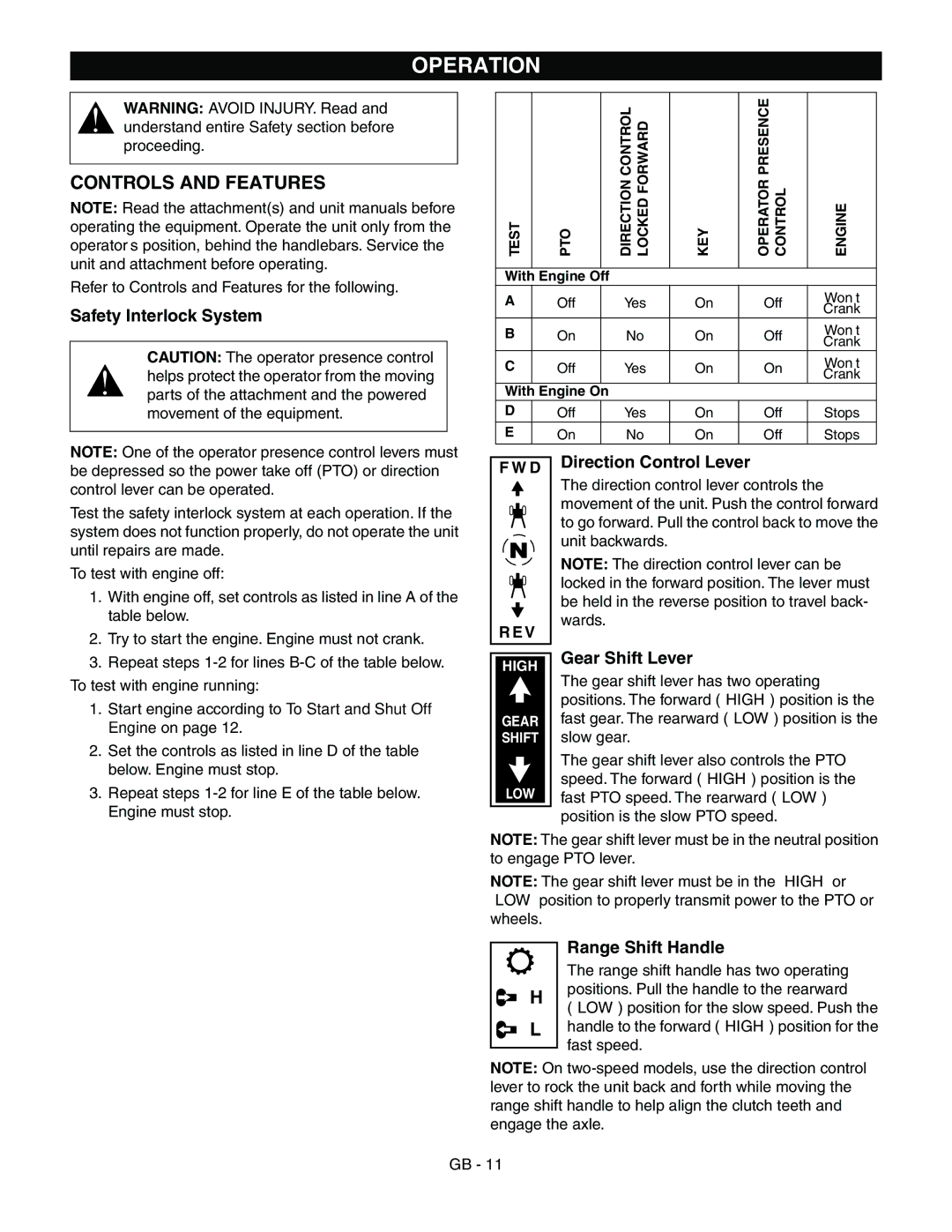 Ariens 985114, 985115 manual Operation, Controls and Features, Safety Interlock System, Gear Shift Lever, Range Shift Handle 