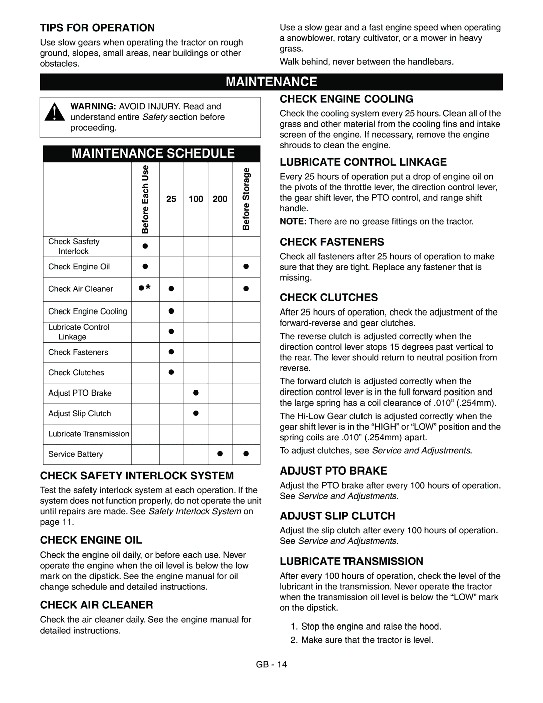 Ariens 985119, 985115, 985117, 985114 manual Maintenance Maintenance Schedule 