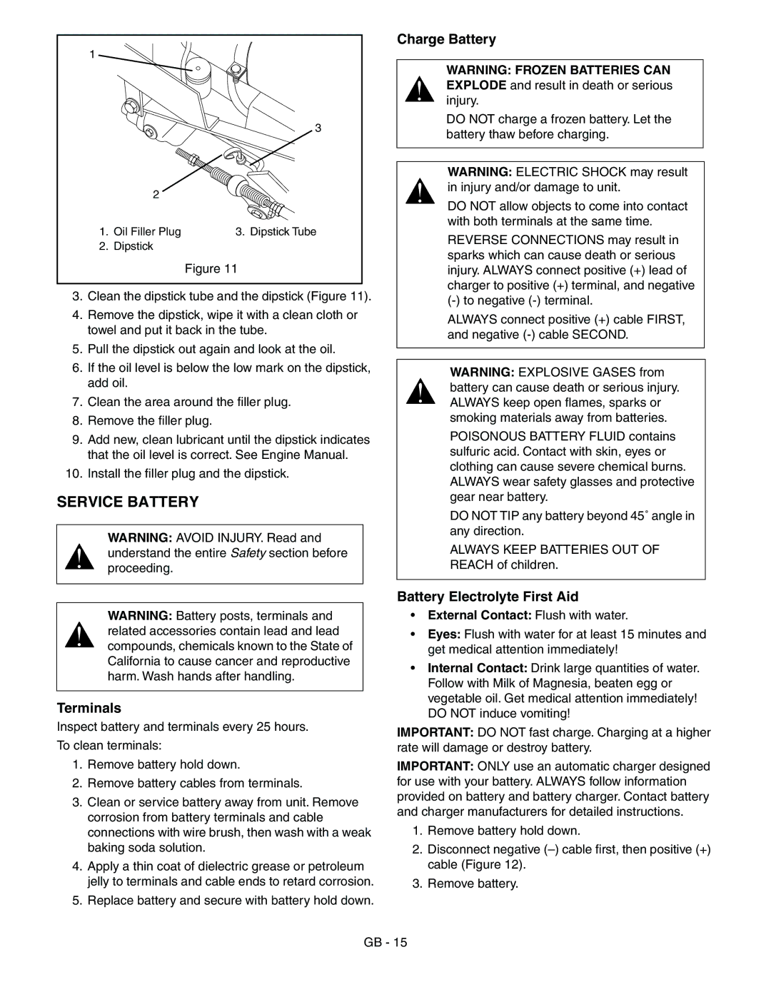 Ariens 985114, 985115, 985117, 985119 manual Service Battery, Terminals, Battery Electrolyte First Aid 