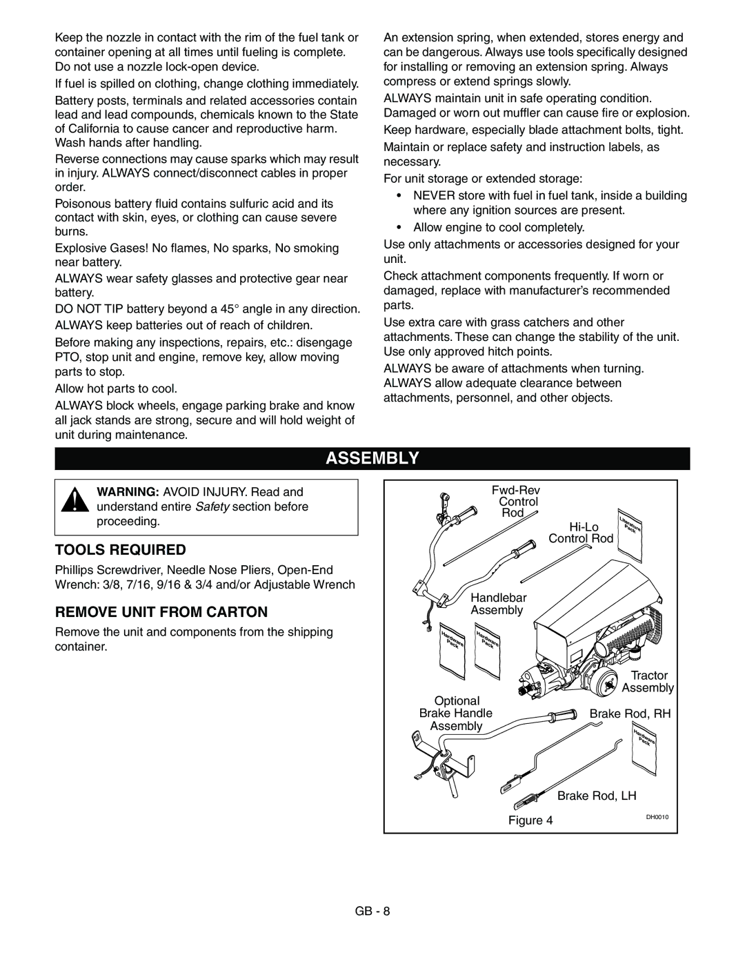 Ariens 985115, 985117, 985119, 985114 manual Assembly, Tools Required, Remove Unit from Carton 