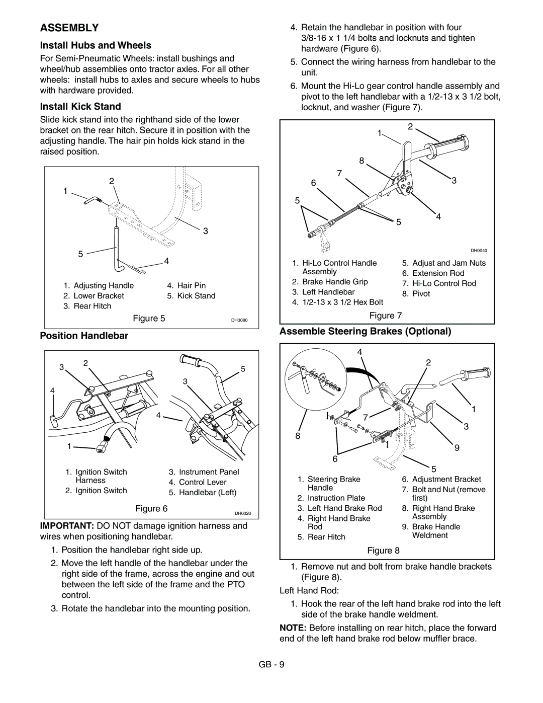 Ariens 985117 Assembly, Install Hubs and Wheels, Install Kick Stand, Position Handlebar, Assemble Steering Brakes Optional 