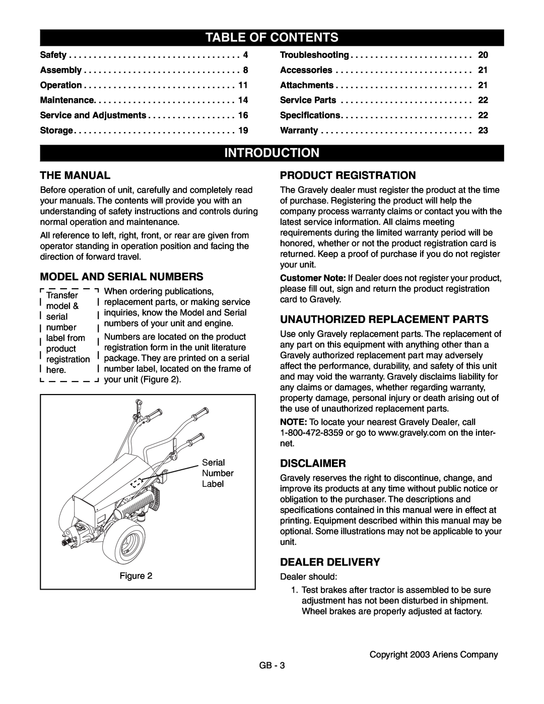Ariens 985114 Table Of Contents, Introduction, The Manual, Model And Serial Numbers, Product Registration, Disclaimer 