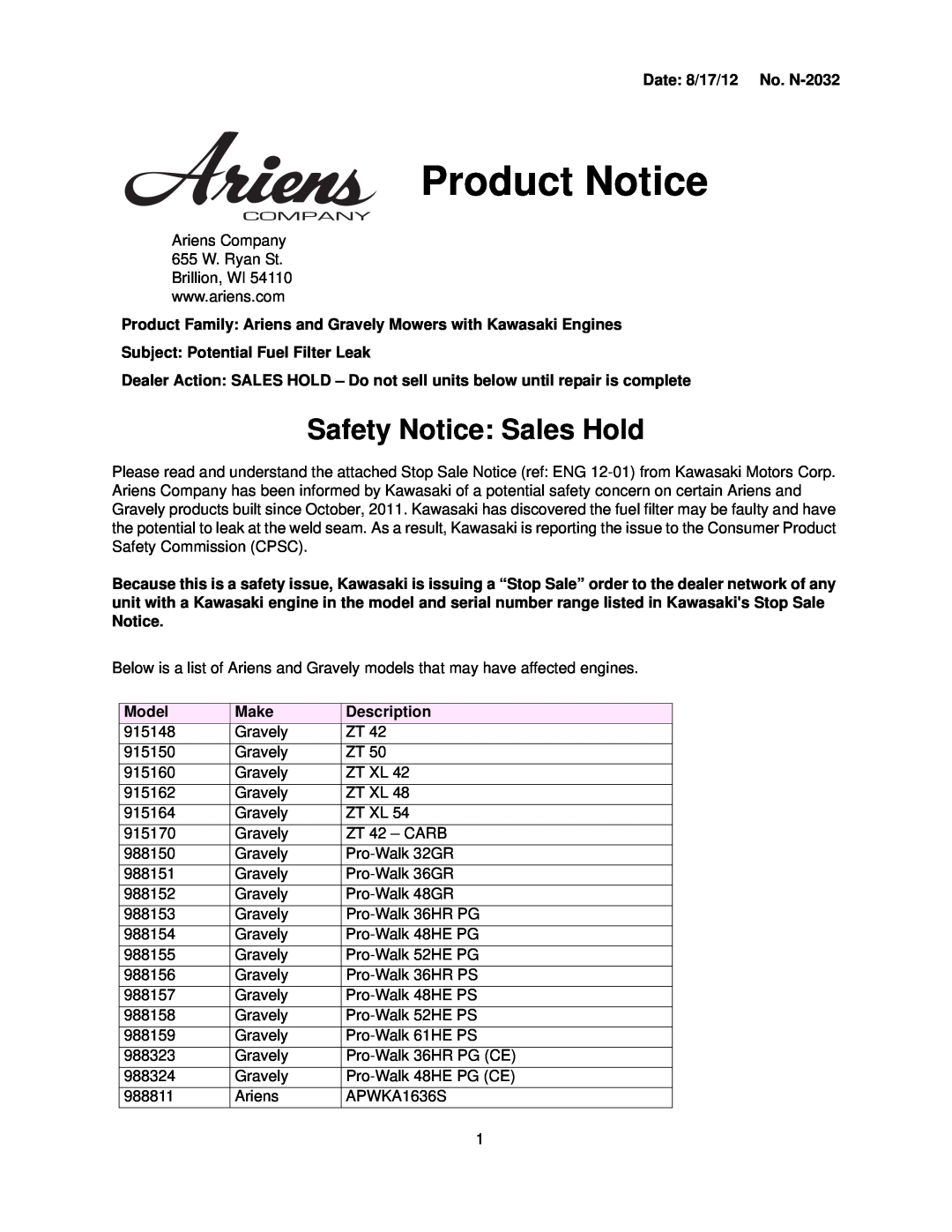 Ariens 915162 GRAVELY ZT XL 48 manual Product Notice, Safety Notice Sales Hold, Date 8/17/12 No. N-2032, Model, Make 