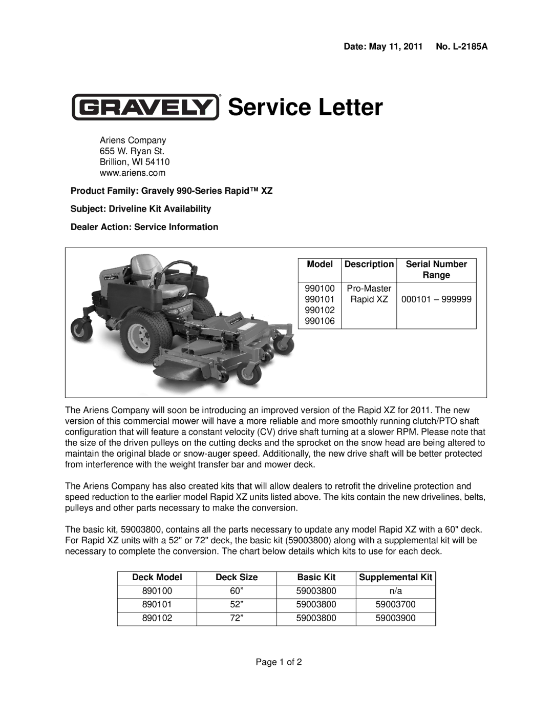 Ariens 990102, 990106, 990100 manual Service Letter, Date May 11, 2011 No. L-2185A, Description, Deck Model, Basic Kit 