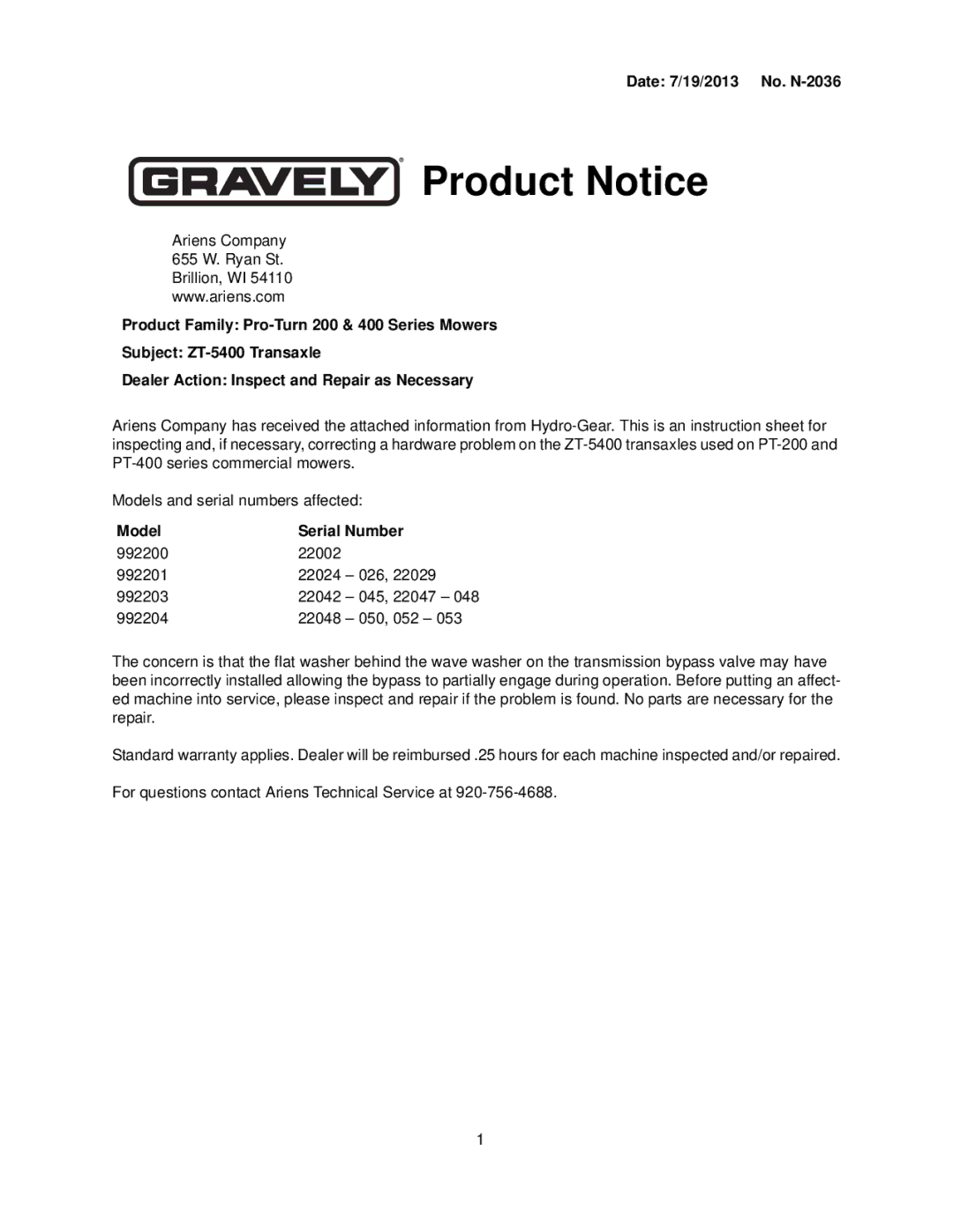 Ariens 992201, 992200, 992204, 992203 instruction sheet Product Notice, Date 7/19/2013 No. N-2036, Model Serial Number 