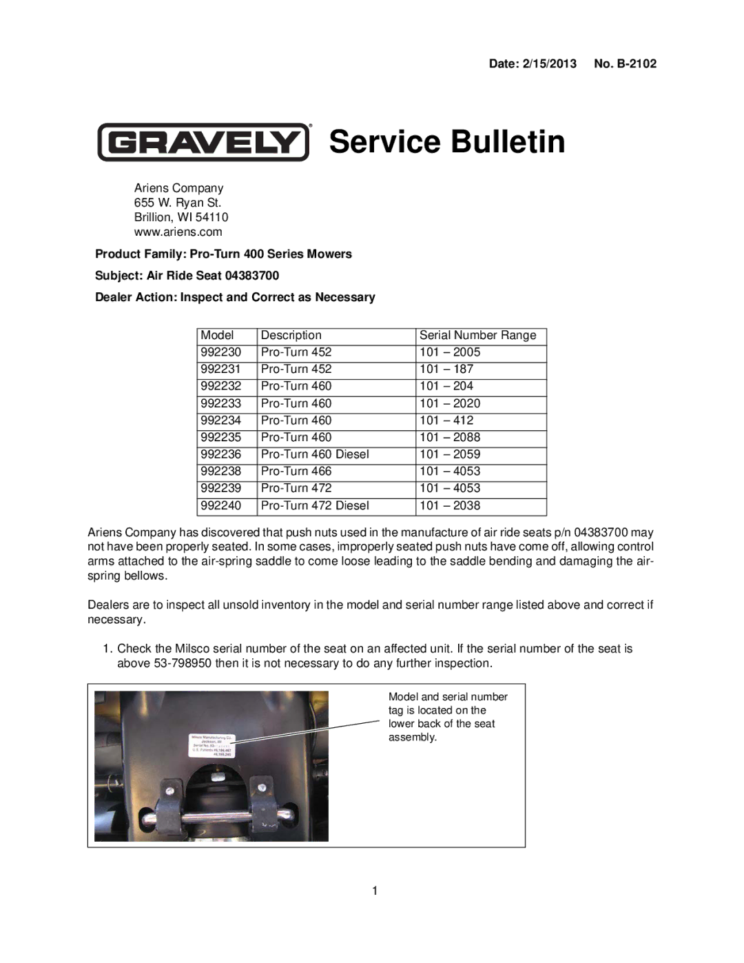 Ariens 992240, 992234, 992236 manual Service Bulletin 