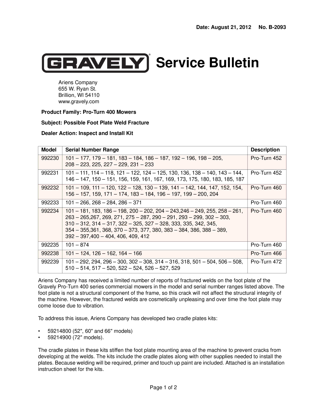 Ariens 992231, 992238, 992235, 992232, 992230, 992239, 992233 installation instructions Service Bulletin 