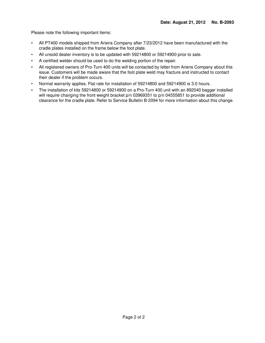 Ariens 992235, 992238, 992231, 992232, 992230, 992239, 992233 installation instructions Date August 21, 2012 No. B-2093 