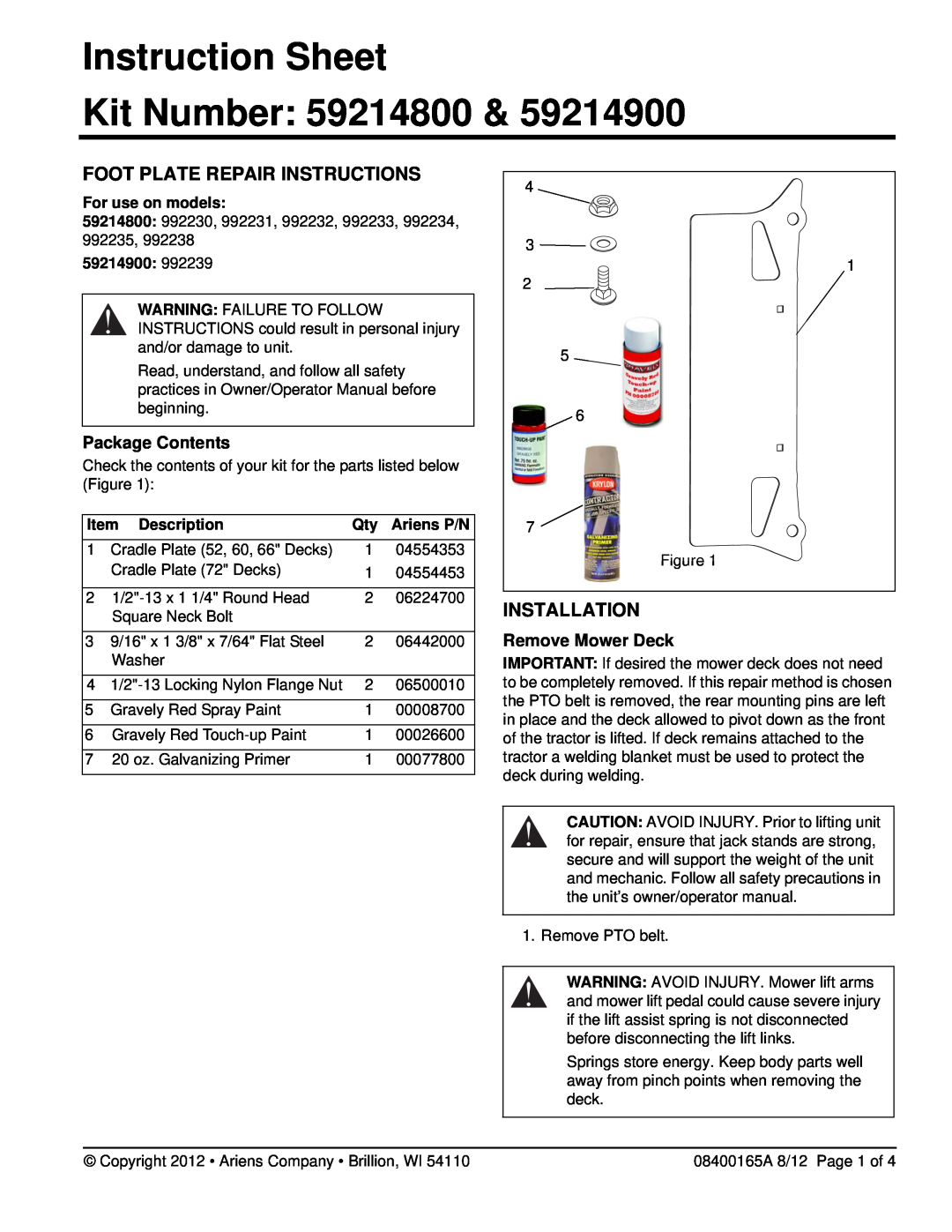Ariens 992232 Foot Plate Repair Instructions, Installation, For use on models, 59214900, Item Description, Ariens P/N 