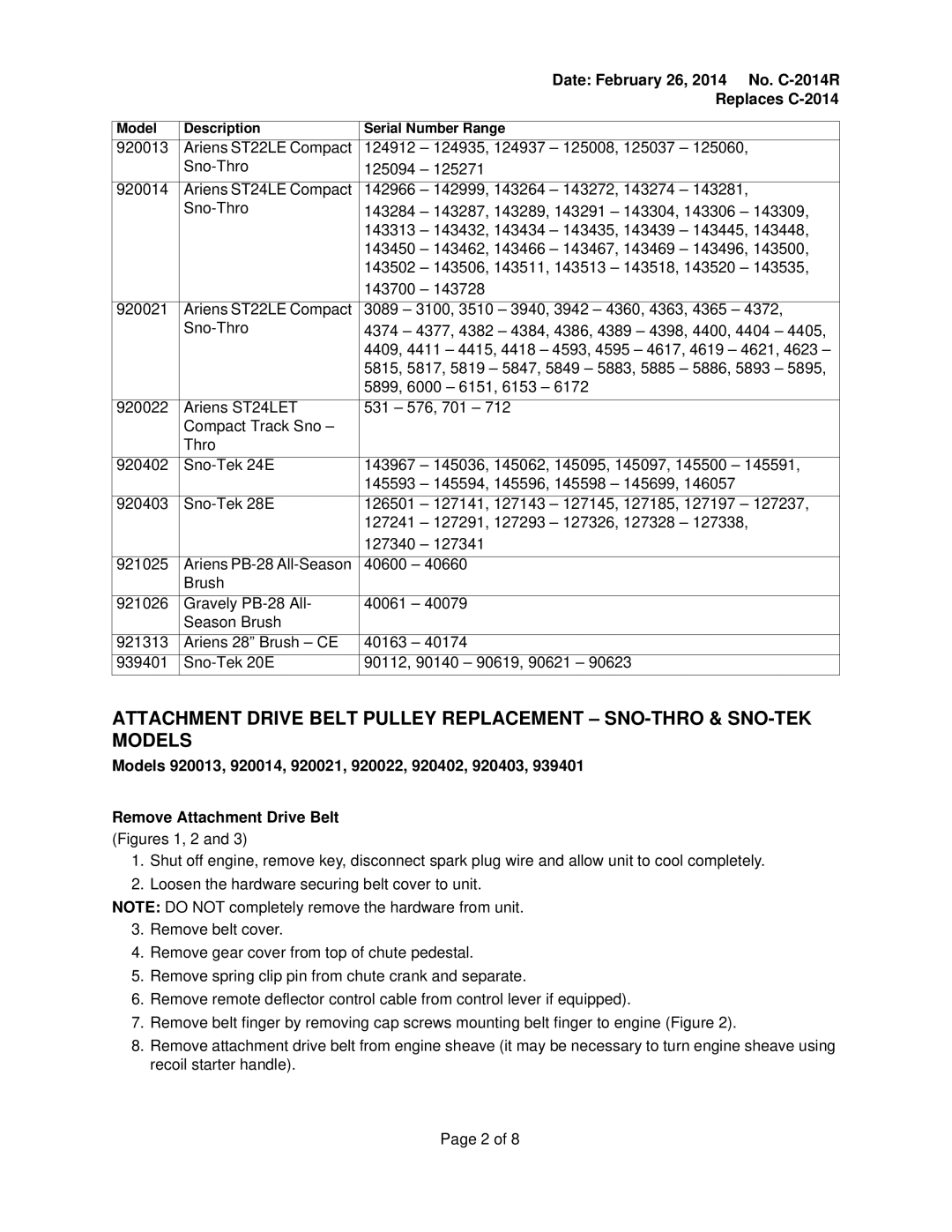 Ariens warranty Date February 26, 2014 No. C-2014R 