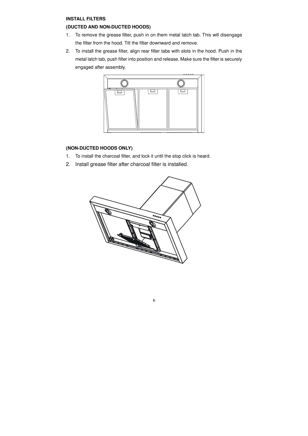 Ariens SBXC600SS, SBXC900SS instruction manual Install Filters Ducted and NON-DUCTED Hoods, NON-DUCTED Hoods only 