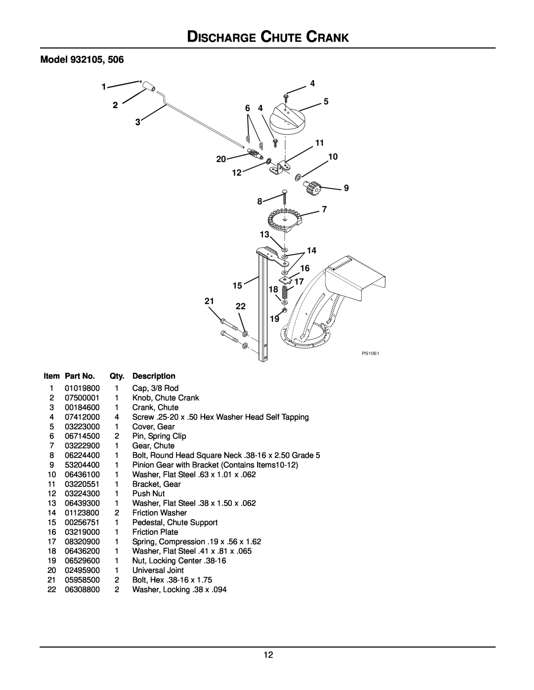 Ariens ST8526LE manual Discharge Chute Crank, Model 932105, Description, Bolt, Round Head Square Neck .38-16 x 2.50 Grade 