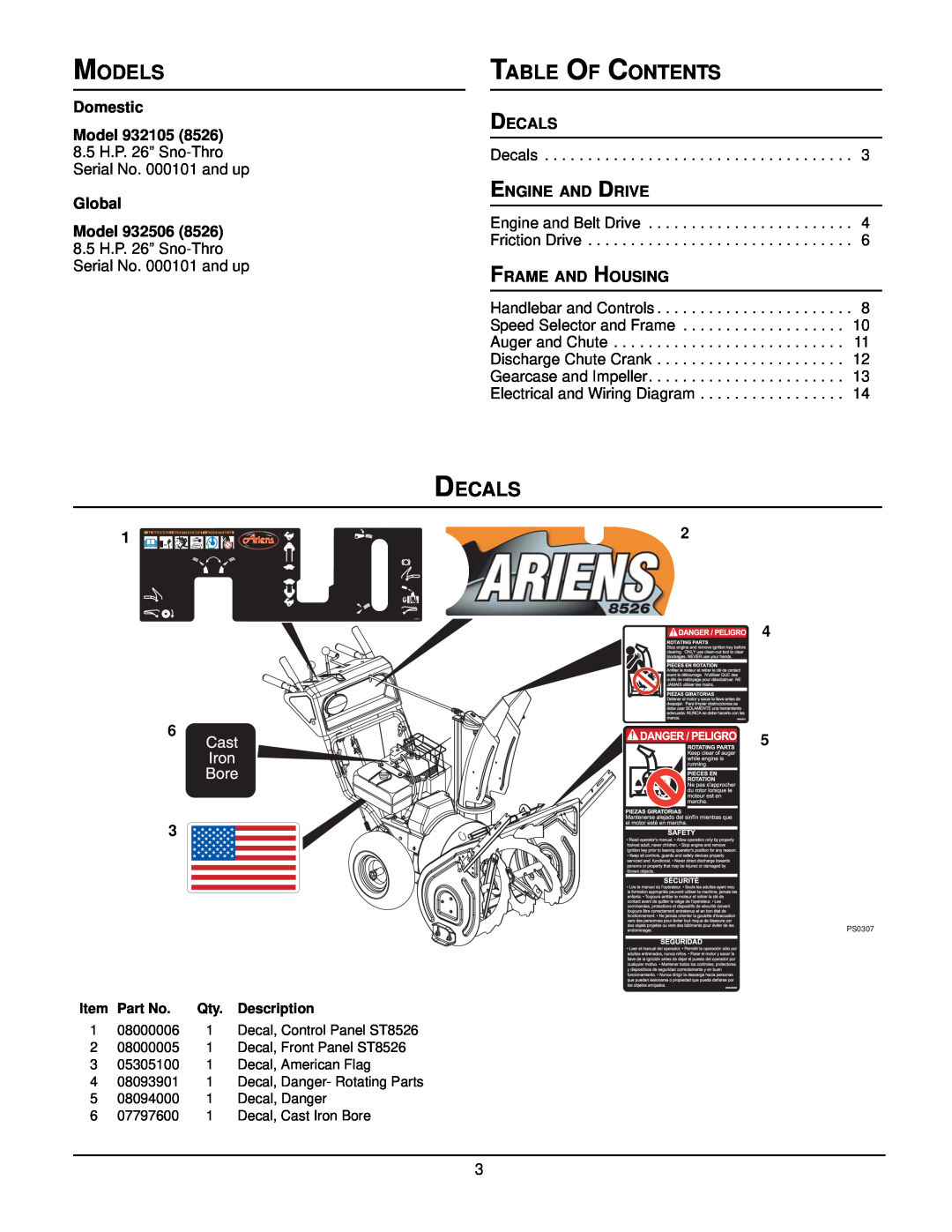 Ariens ST8526LE manual Models, Table Of Contents, Decals, Domestic, Model 932105, Engine And Drive, Global, Model 932506 