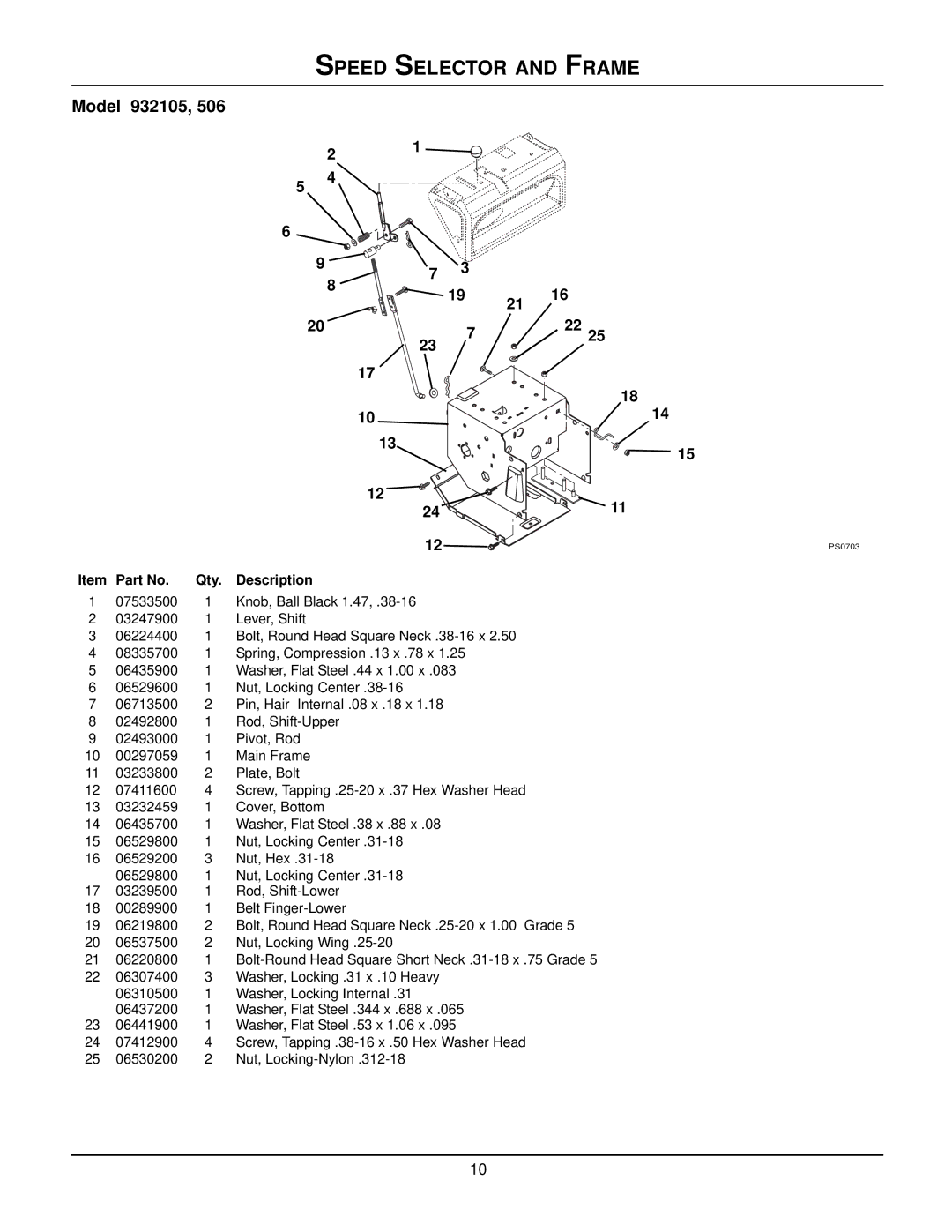 Ariens ST8526LE manual Speed Selector and Frame 