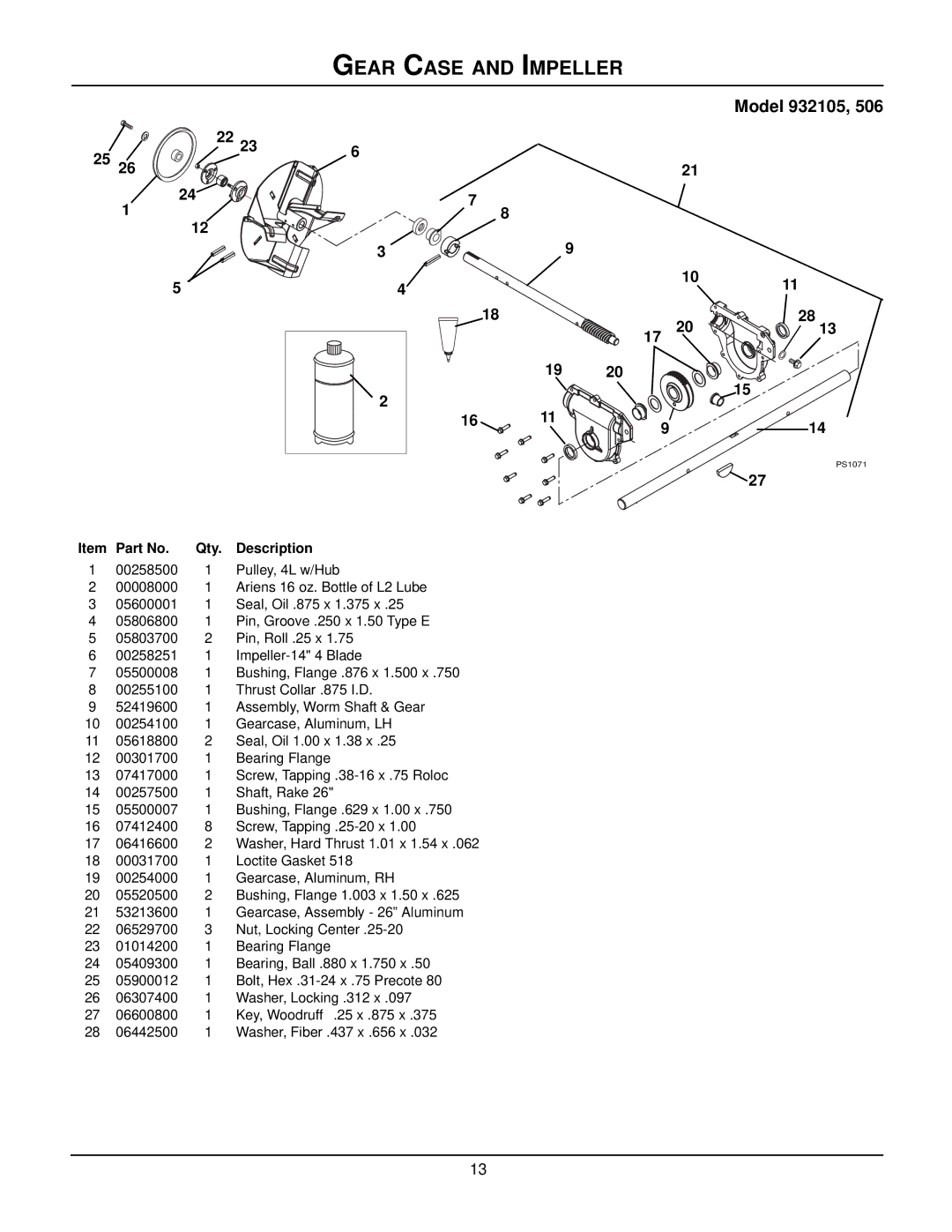 Ariens ST8526LE manual Gear Case and Impeller 