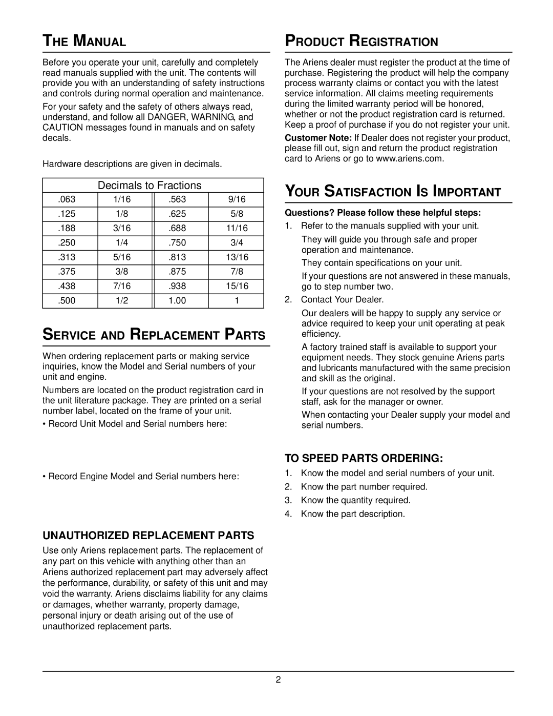 Ariens ST8526LE manual Manual, Service and Replacement Parts, Product Registration, Your Satisfaction is Important 