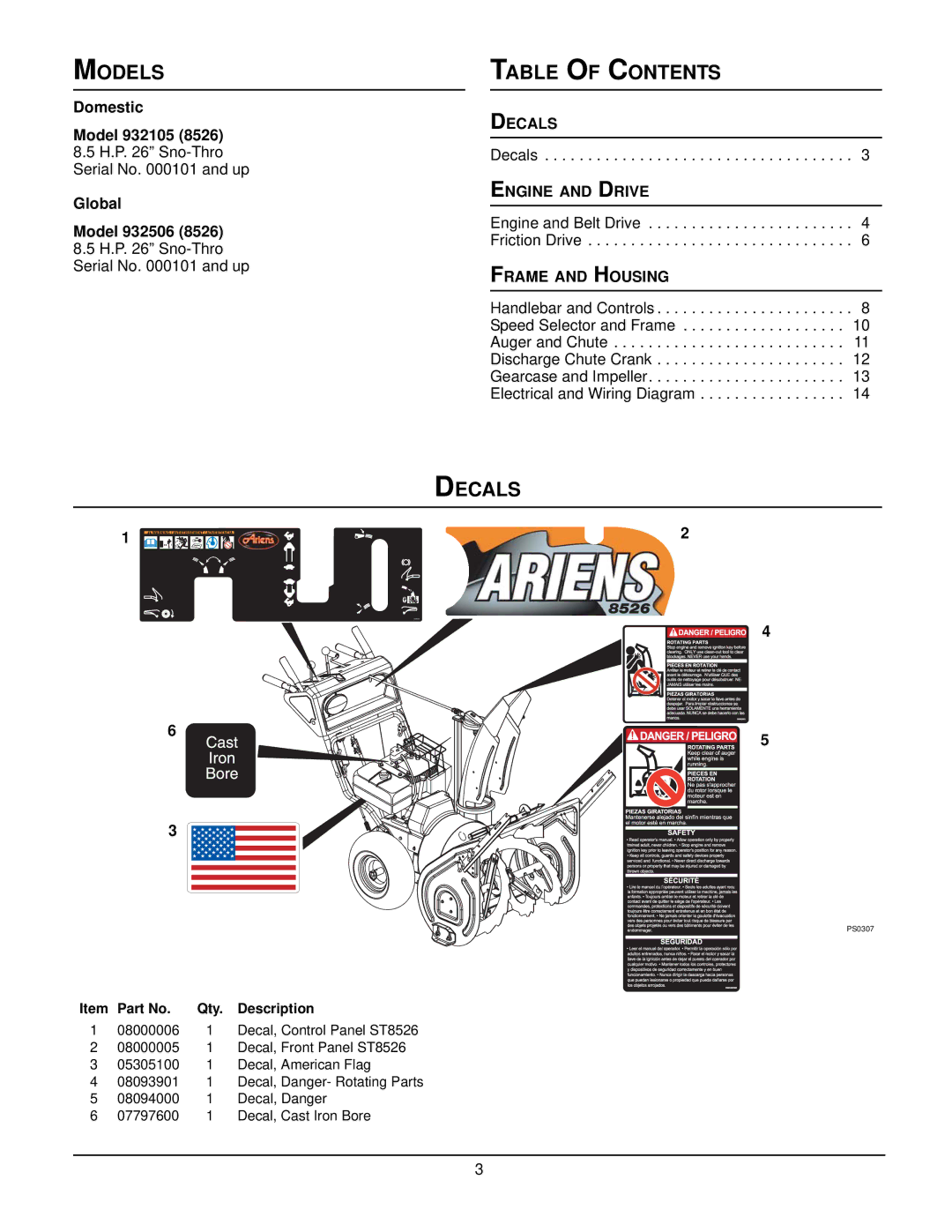 Ariens ST8526LE manual Models Table of Contents, Decals 