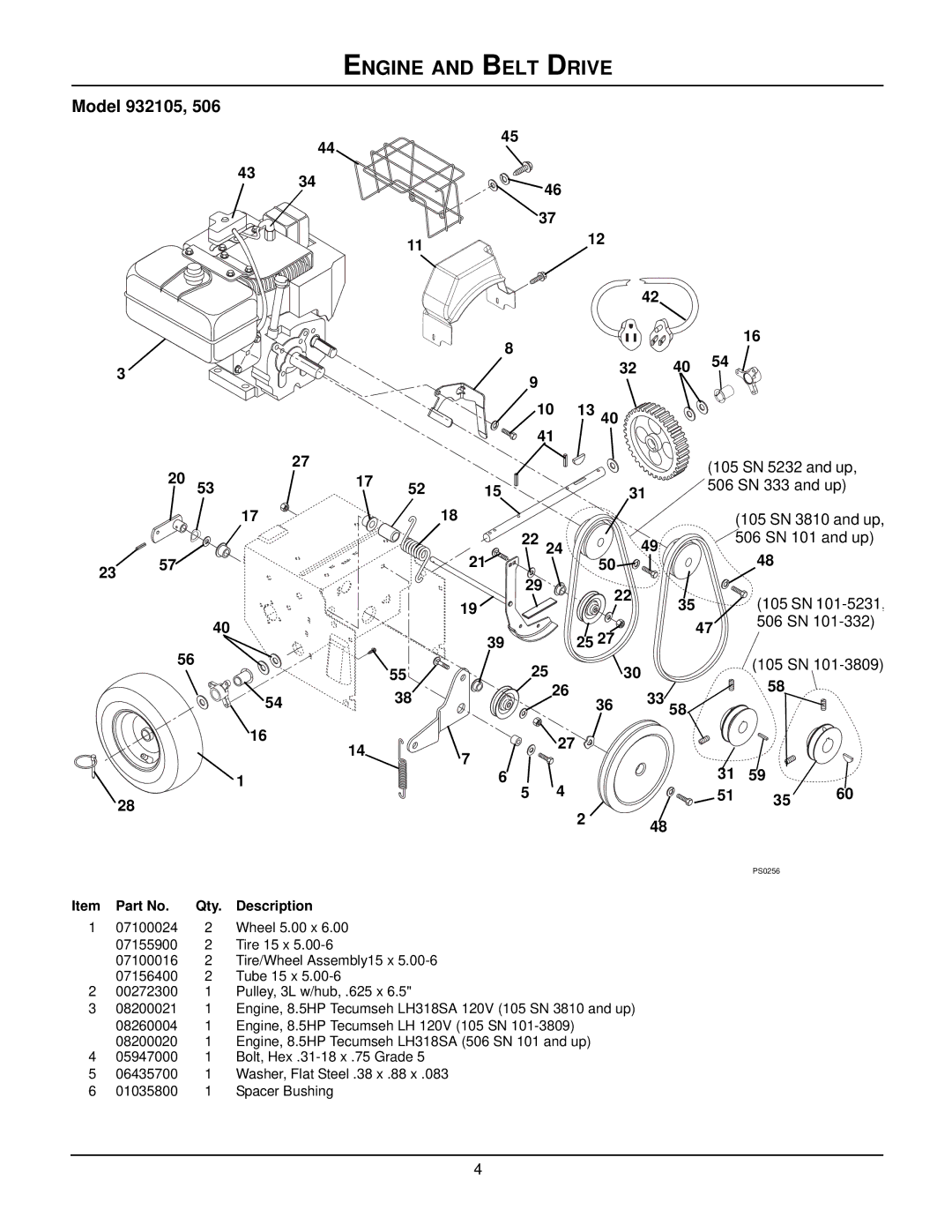 Ariens ST8526LE manual Engine and Belt Drive, Model 932105 