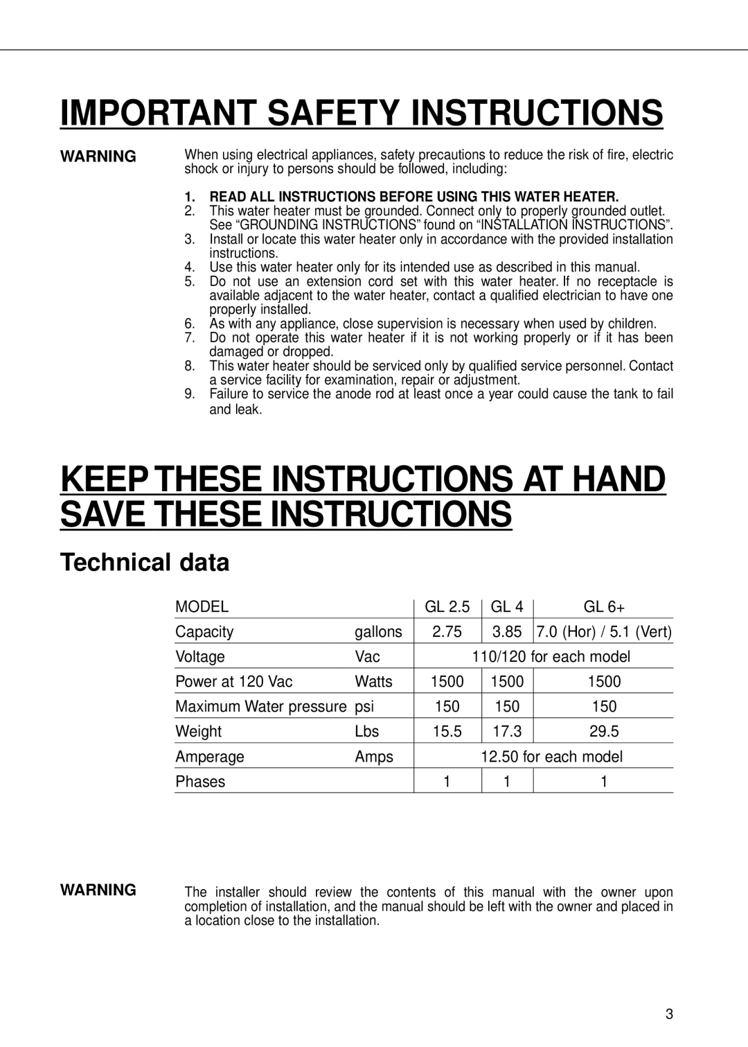 Ariston 4 manual Important Safety Instructions, Technical data 