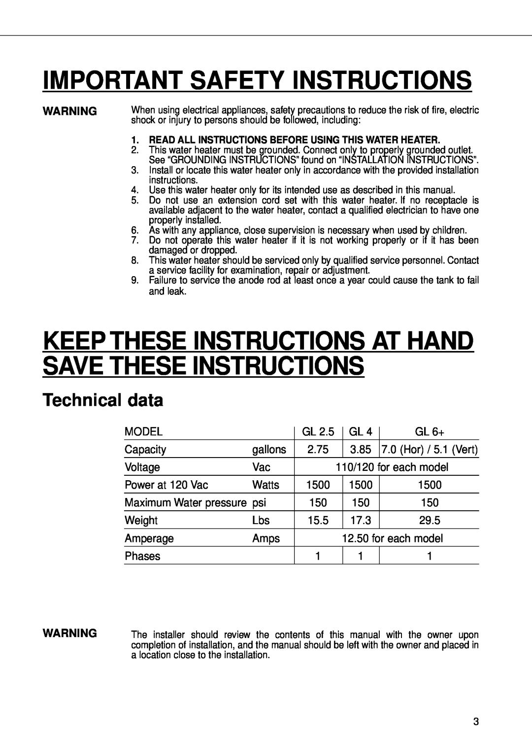 Ariston 4 manual Technical data, Important Safety Instructions, Keep These Instructions At Hand Save These Instructions 