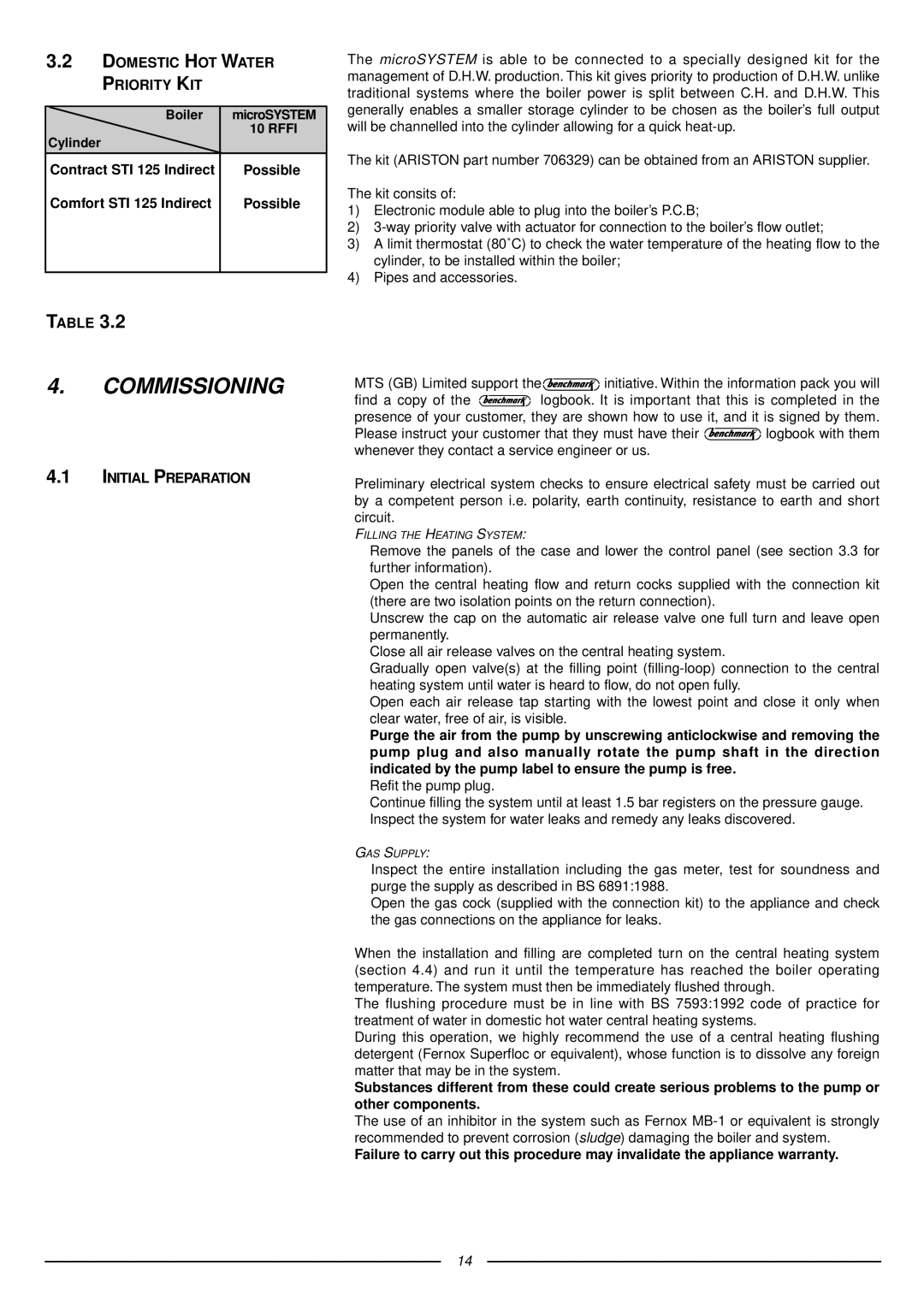 Ariston 41-116-04 installation instructions Commissioning, Domestic HOT Water Priority KIT, Initial Preparation 