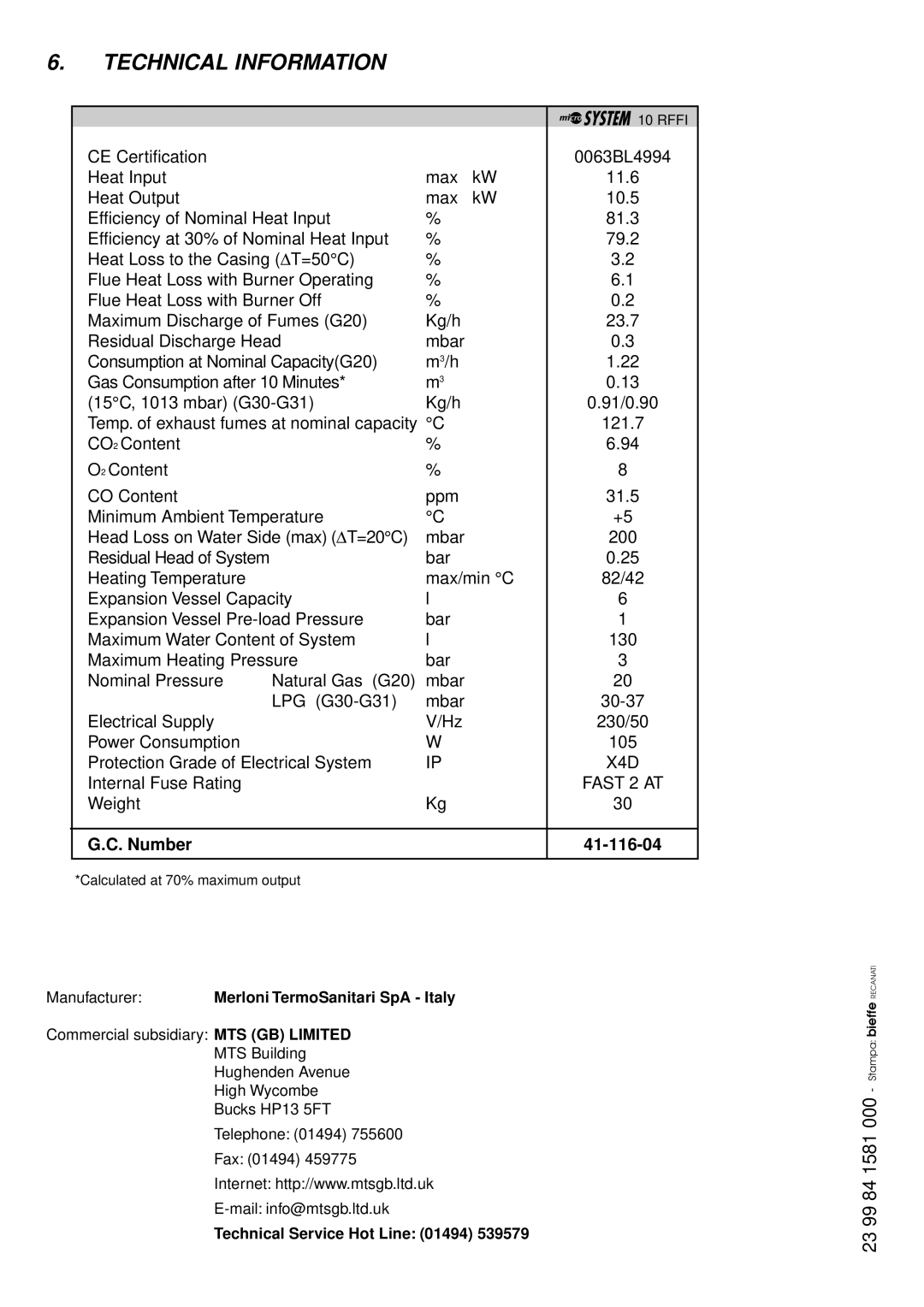 Ariston installation instructions Technical Information, Number 41-116-04 