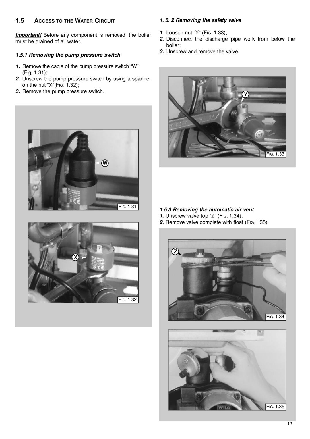 Ariston 41-116-04 Removing the pump pressure switch, Removing the safety valve, Access to the Water Circuit 