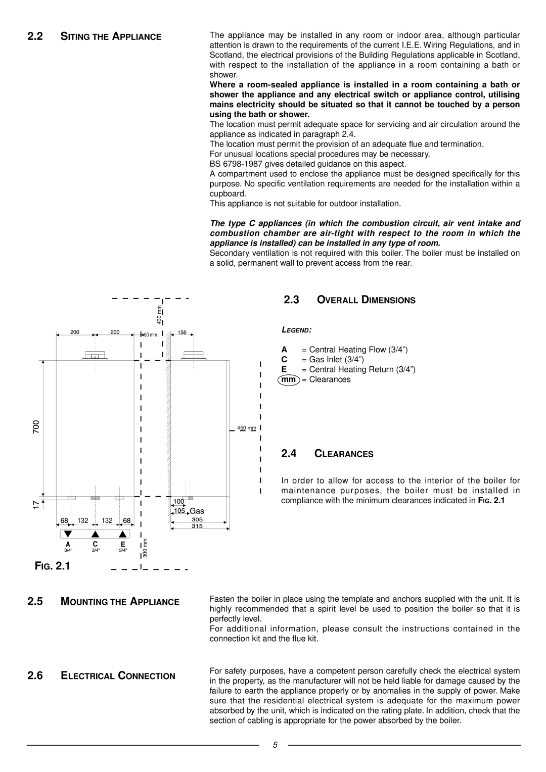 Ariston 41-116-04 Siting the Appliance, Overall Dimensions, Clearances, Mounting the Appliance Electrical Connection 