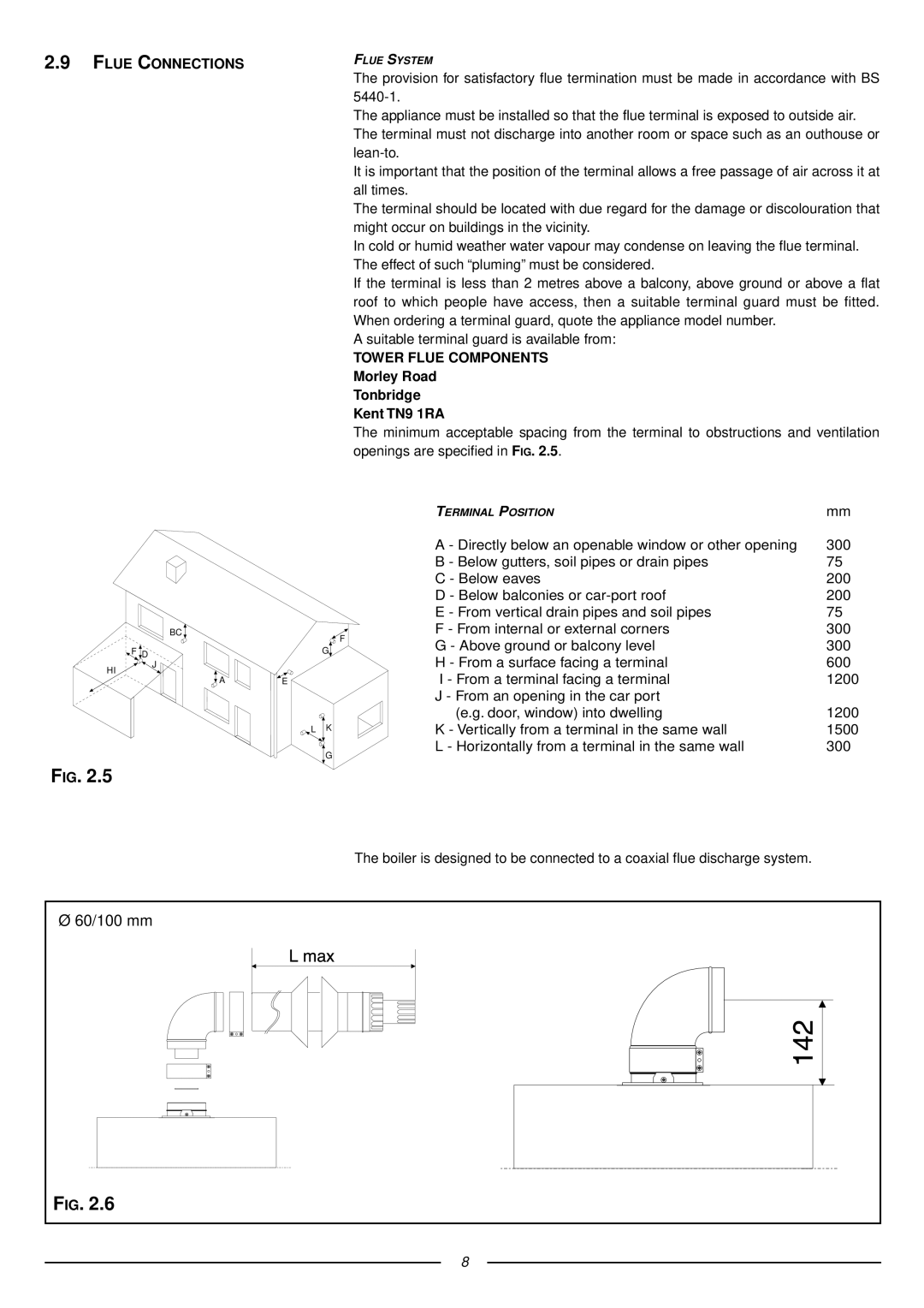 Ariston 41-116-04 installation instructions Flue Connections, Tower Flue Components 