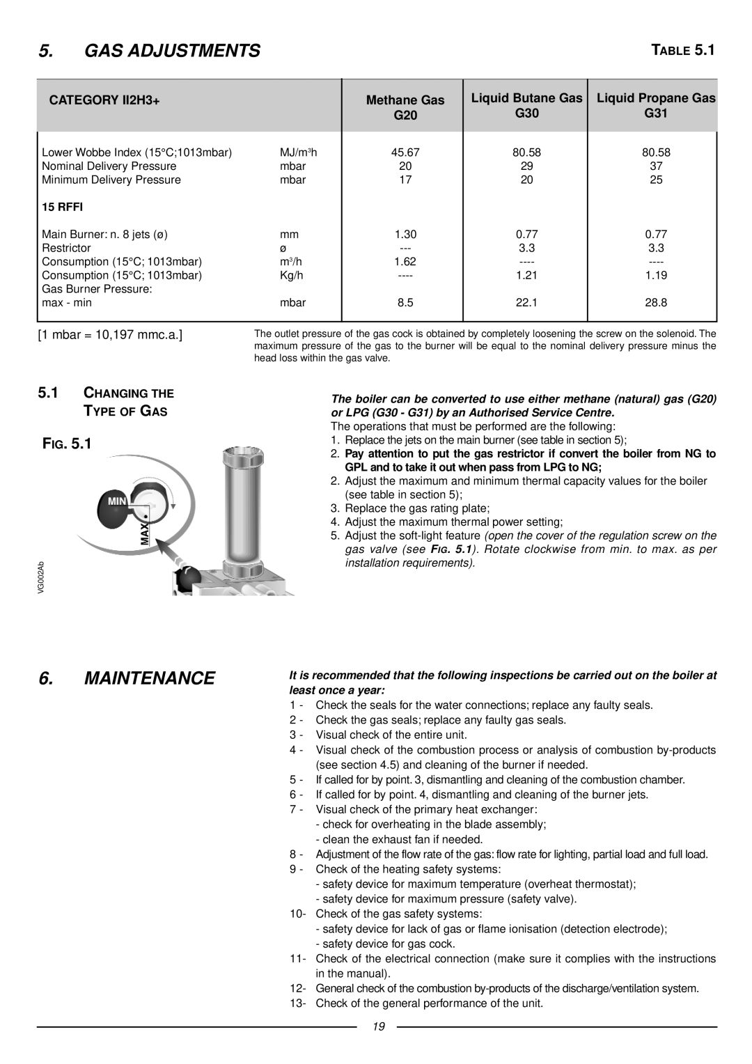 Ariston 41-116-05 installation instructions GAS Adjustments, Maintenance, Rffi, Changing the Type of GAS 