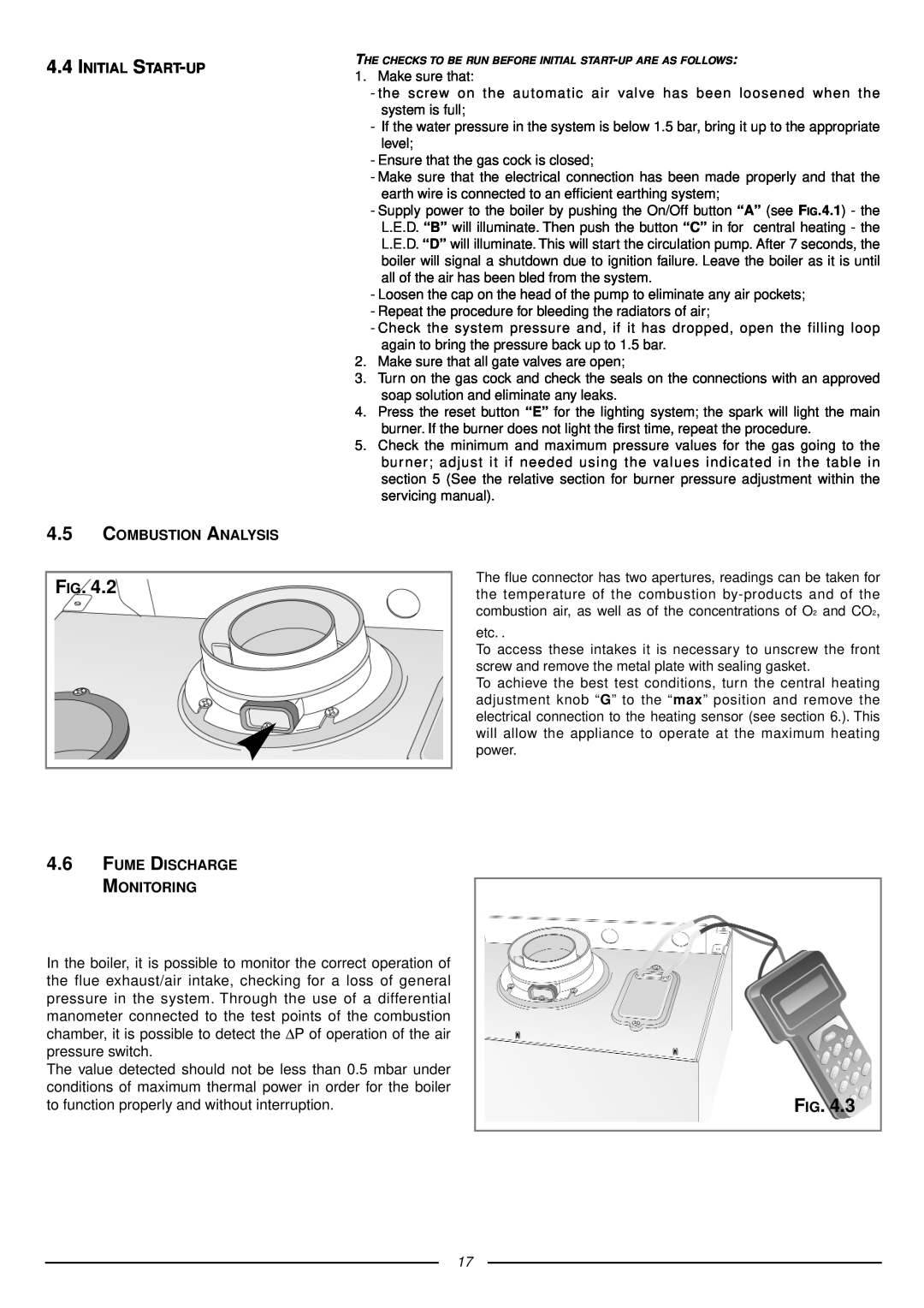 Ariston 41-116-05 installation instructions INITIAL START-UP 4.5 COMBUSTION ANALYSIS, Fume Discharge Monitoring 
