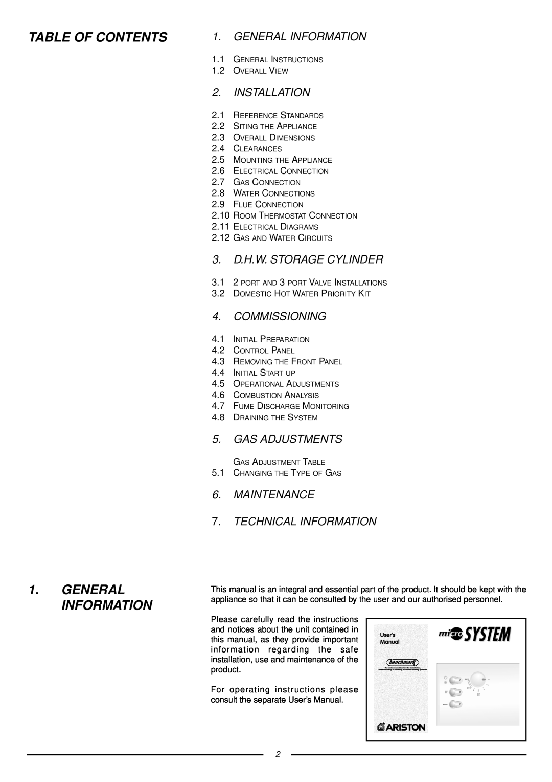 Ariston 41-116-05 Table Of Contents, General Information, Installation, 3. D.H.W. STORAGE CYLINDER, Commissioning 