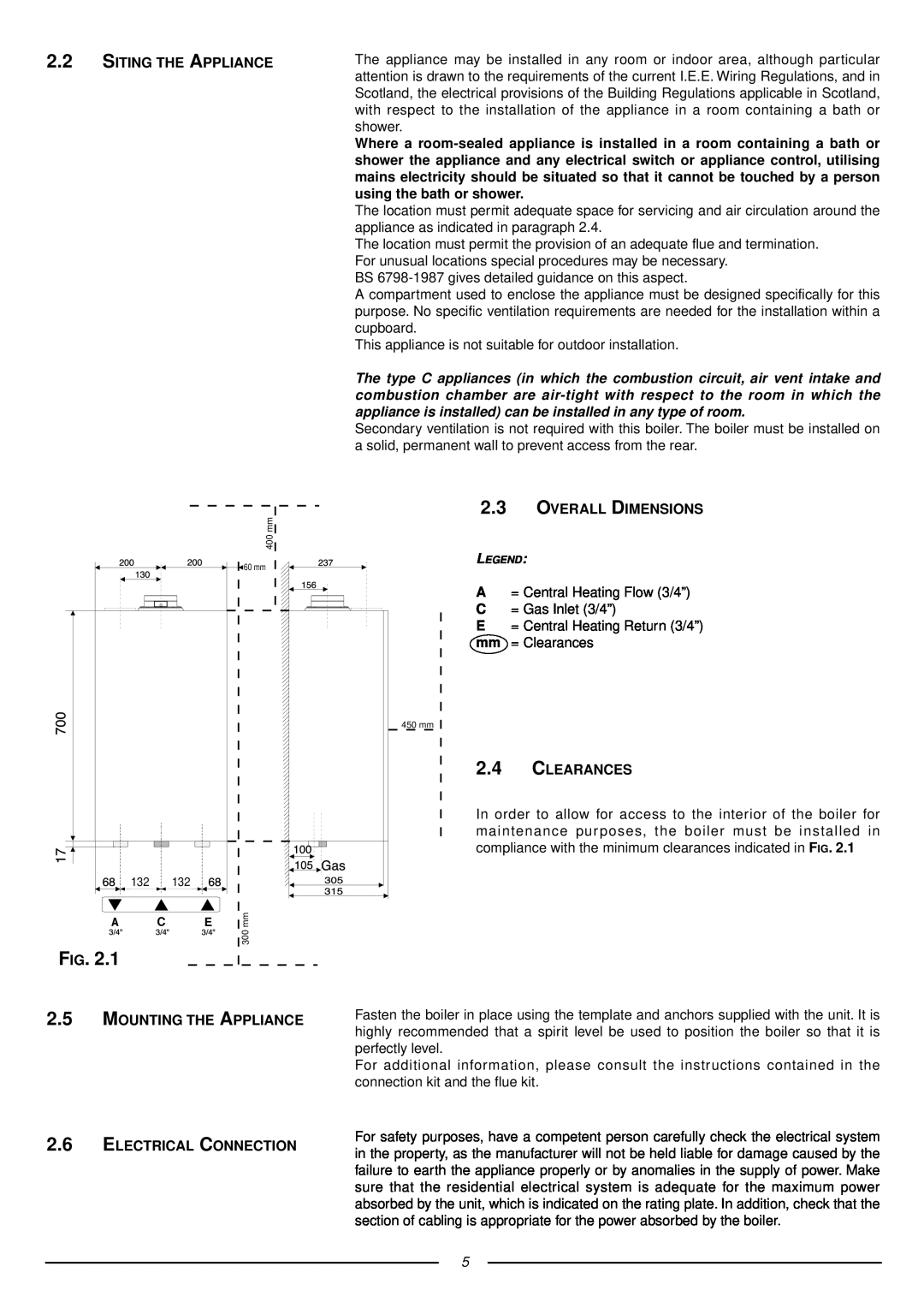 Ariston 41-116-05 installation instructions F Ig, Siting The Appliance, Overall Dimensions, Clearances 