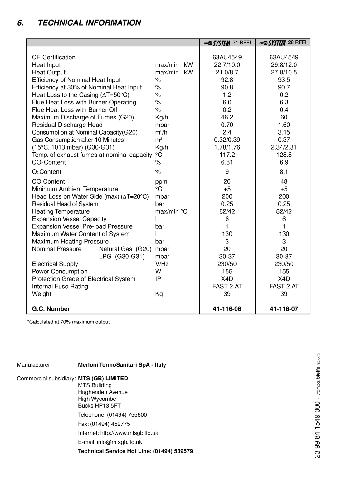 Ariston 41-116-07 Technical Information, Manufacturer Merloni TermoSanitari SpA Italy, Technical Service Hot Line 01494 