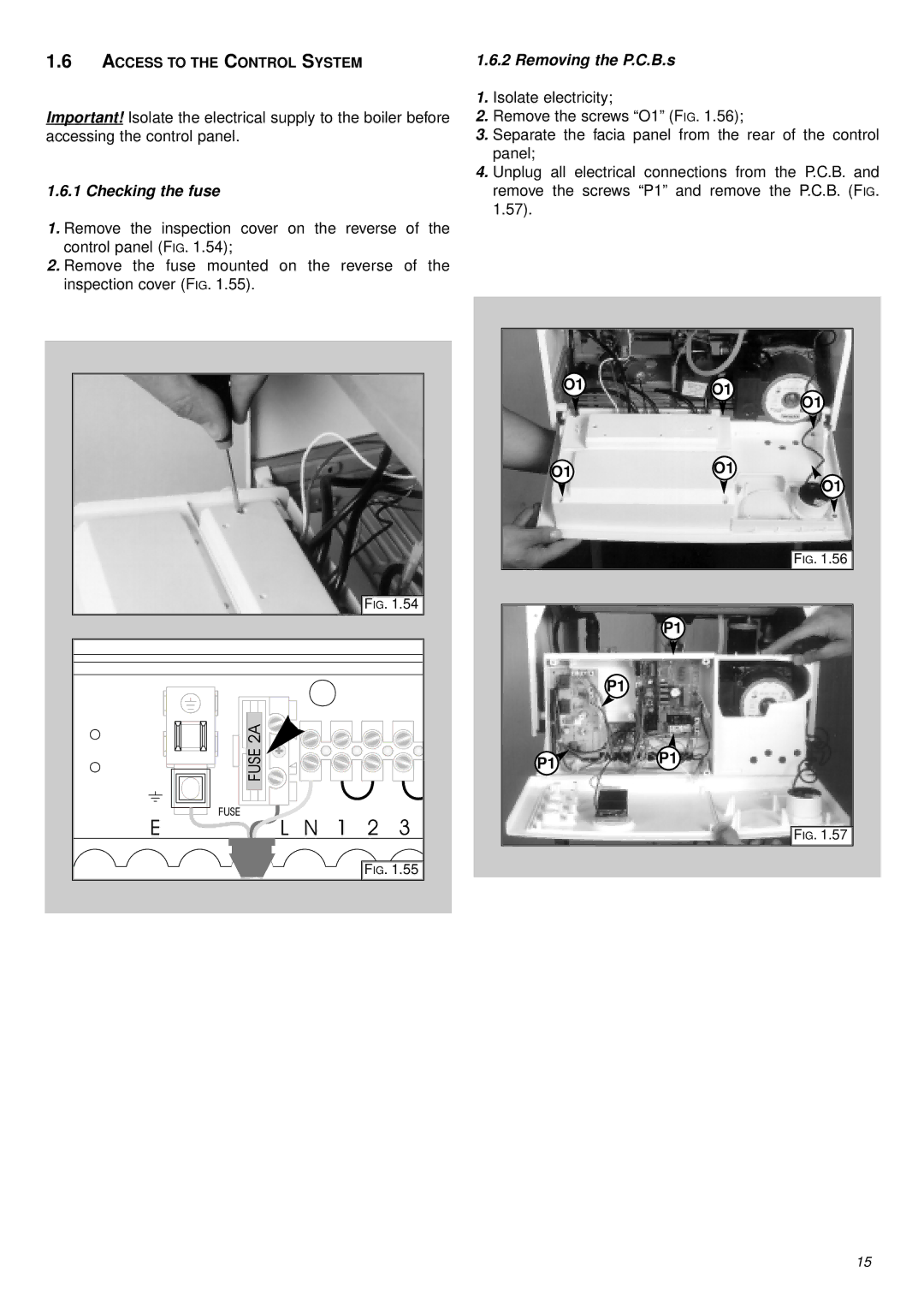 Ariston 41-116-07 installation instructions Checking the fuse, Removing the P.C.B.s, O1O1 P1 P1 