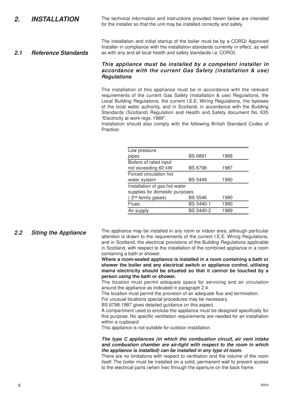 Ariston 47-116-13, 41-116-01, 47-116-08. 47-116-09 Installation, Reference Standards, Siting the Appliance 