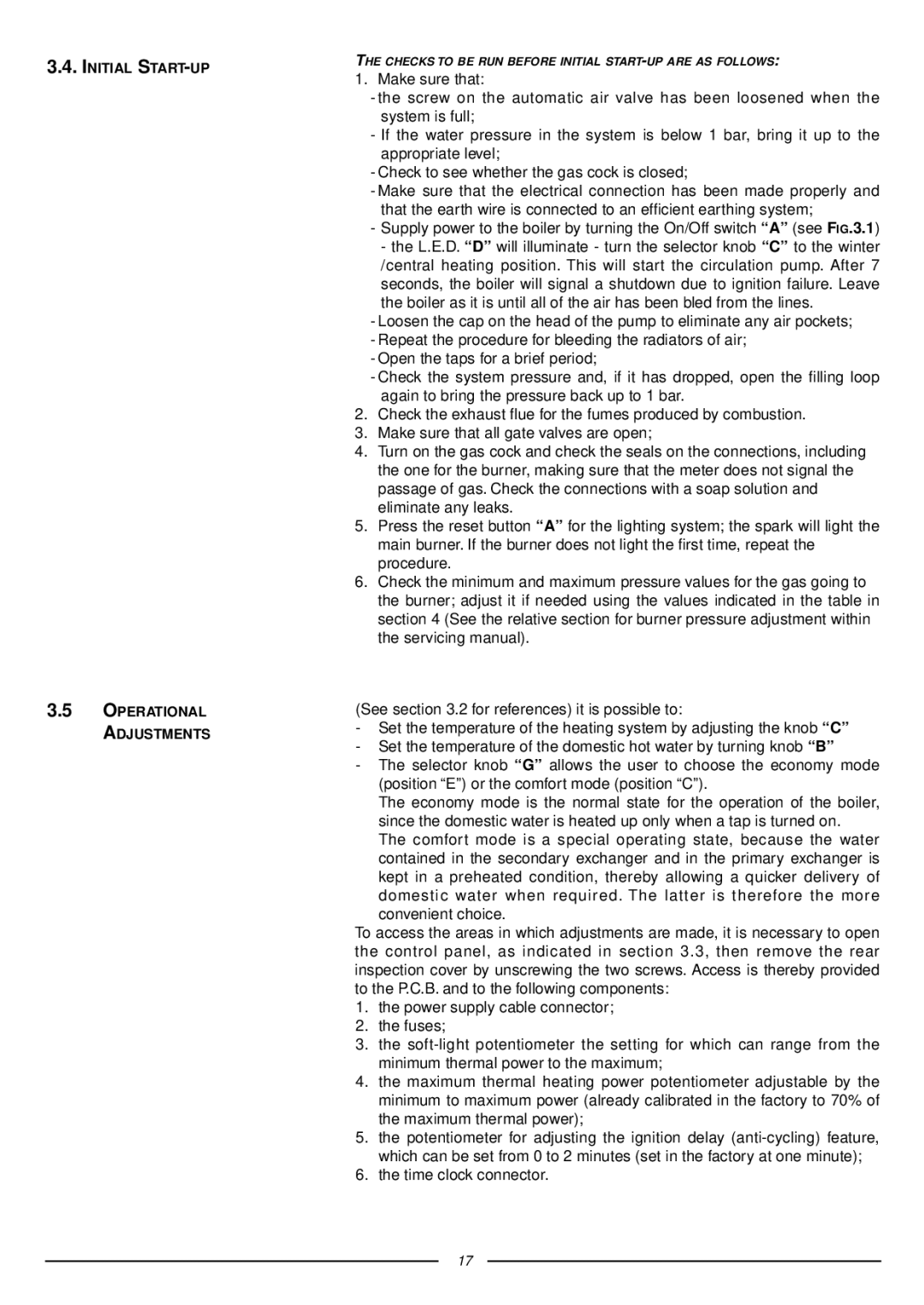 Ariston 47-116-15 installation instructions Initial START-UP Operational Adjustments 