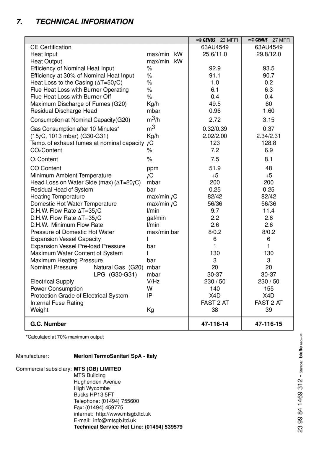 Ariston 47-116-15 Technical Information, Manufacturer Merloni TermoSanitari SpA Italy, Technical Service Hot Line 01494 