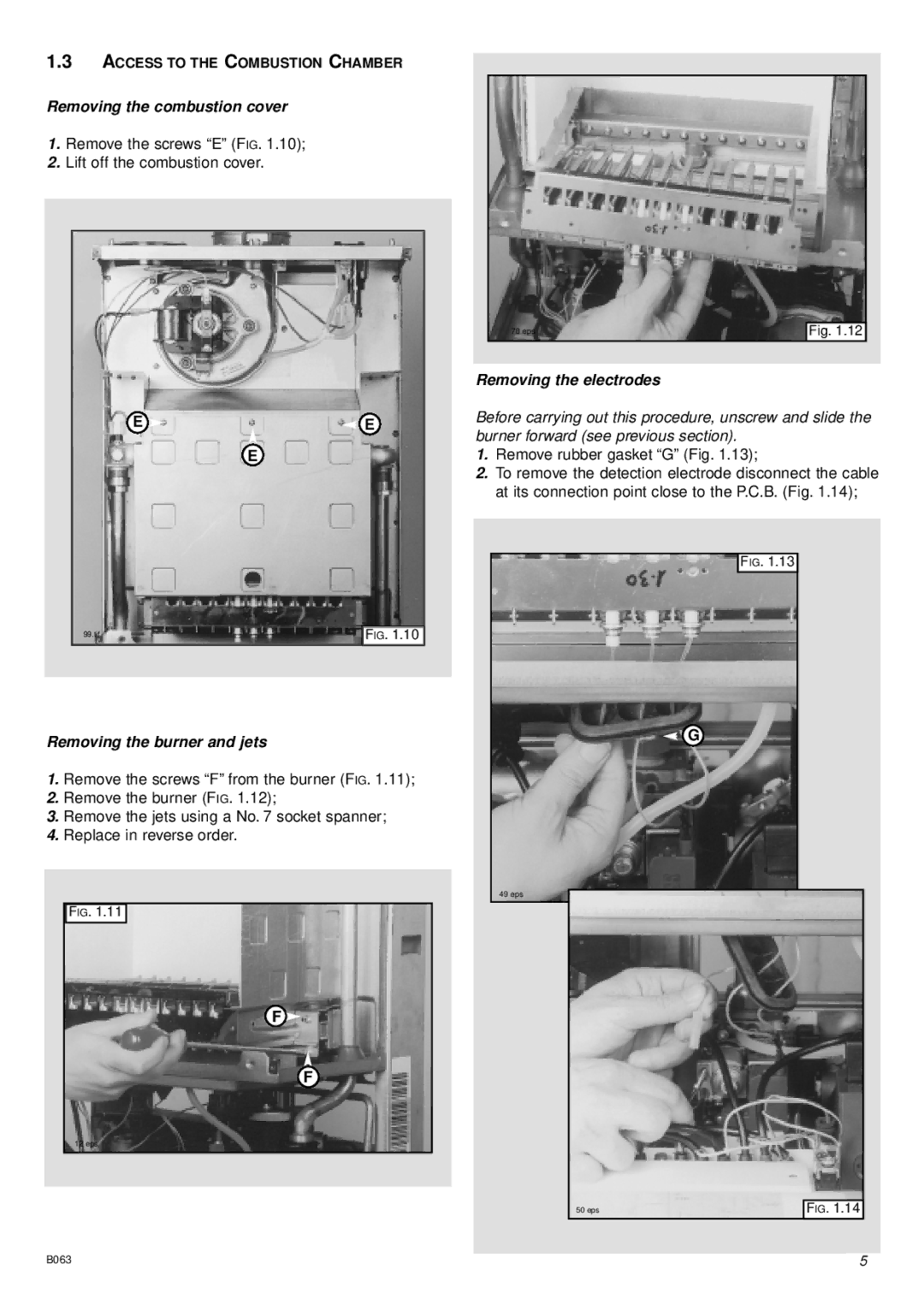 Ariston 47-116-15 Removing the combustion cover, Removing the burner and jets, Removing the electrodes 