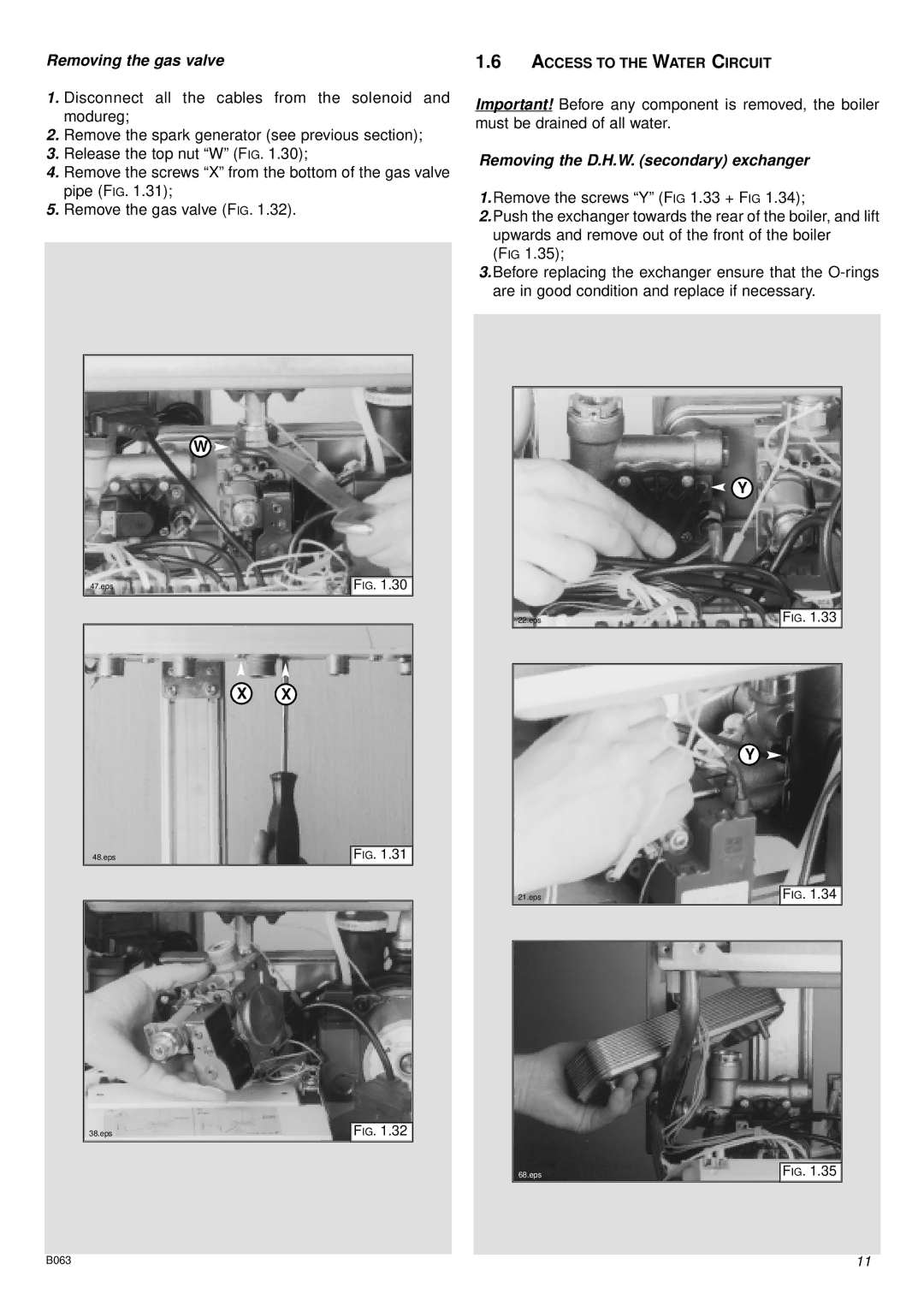 Ariston 47-116-15 installation instructions Removing the gas valve, Removing the D.H.W. secondary exchanger 