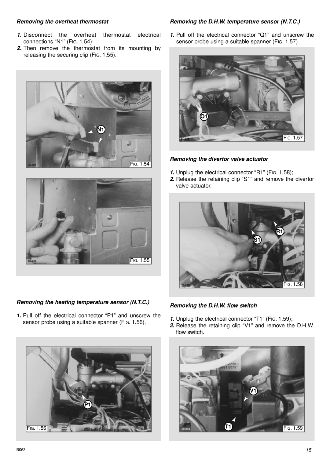 Ariston 47-116-15 installation instructions Removing the overheat thermostat, Removing the D.H.W. temperature sensor N.T.C 