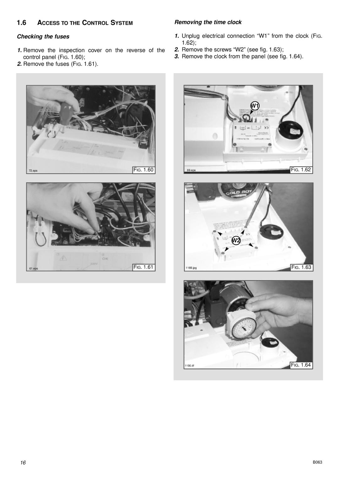 Ariston 47-116-15 installation instructions Checking the fuses, Removing the time clock 