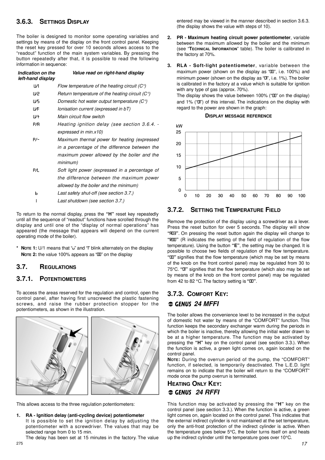 Ariston 47-116-17 Settings Display, Regulations Potentiometers, Setting the Temperature Field, Comfort KEY 