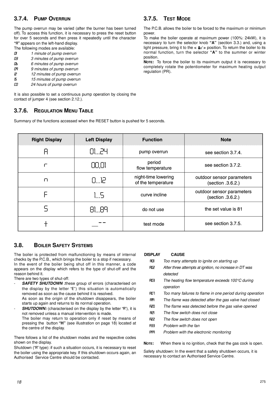 Ariston 47-116-17 installation instructions Pump Overrun, Regulation Menu Table, Boiler Safety Systems 