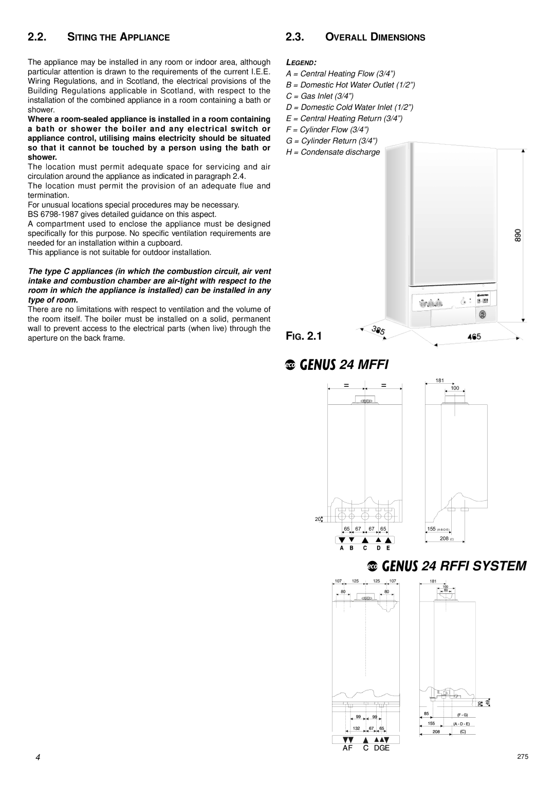 Ariston 47-116-17 installation instructions Rffi System, Siting the Appliance, Overall Dimensions 