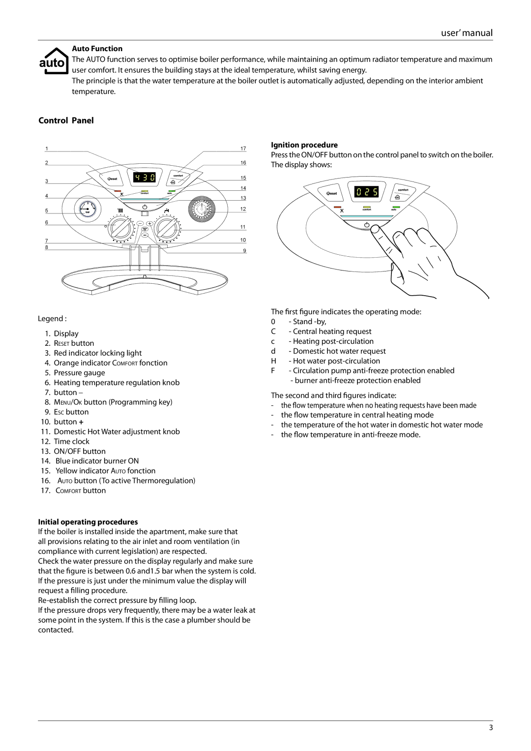 Ariston 47-116-51, 47-116-53, 47-116-52 Control Panel, Auto Function, Ignition procedure, Initial operating procedures 