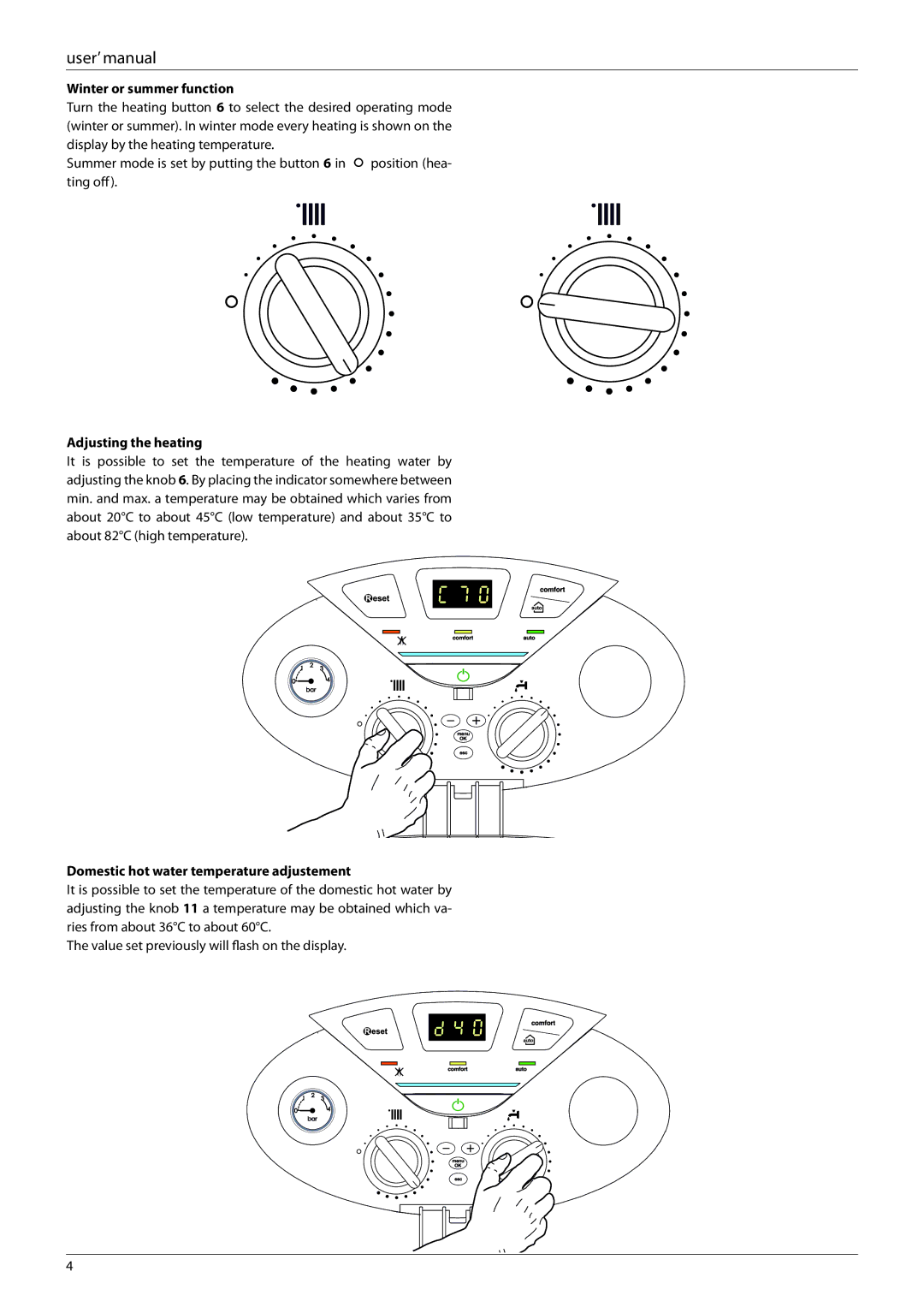 Ariston 47-116-53, 47-116-51 Winter or summer function, Adjusting the heating, Domestic hot water temperature adjustement 