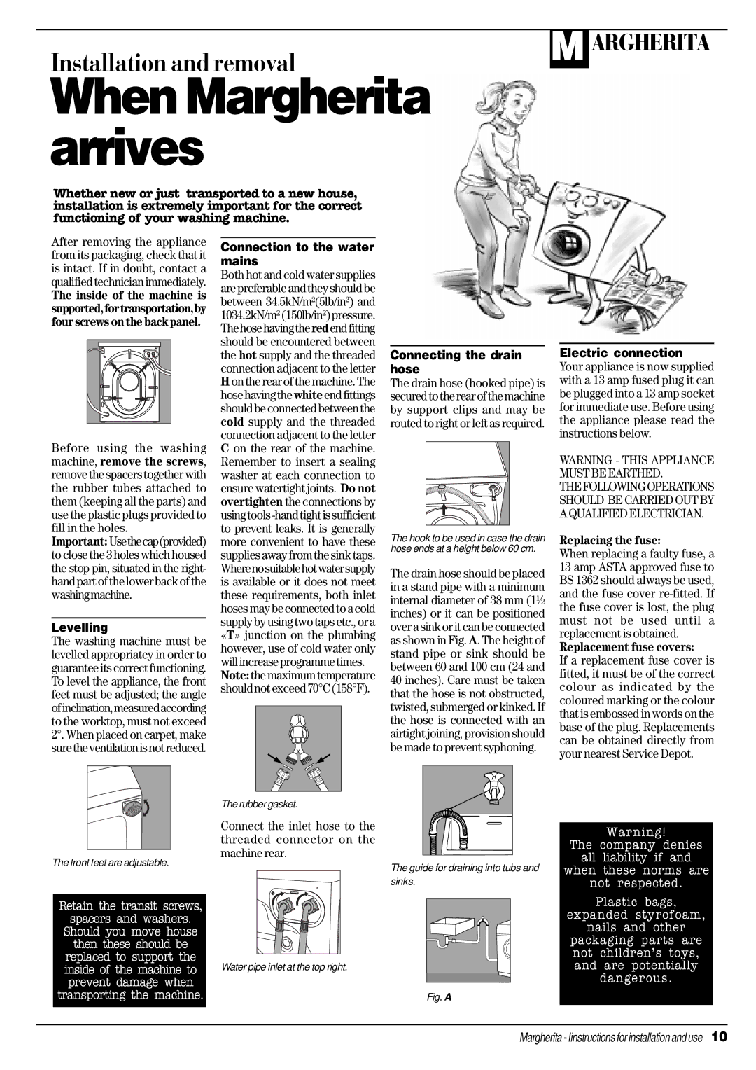 Ariston A 1124 manual Levelling, Connection to the water mains, Connecting the drain hose, Electric connection 